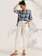 Linen V Neck Short Sleeve Shirt - TOPS-Linen Blouses