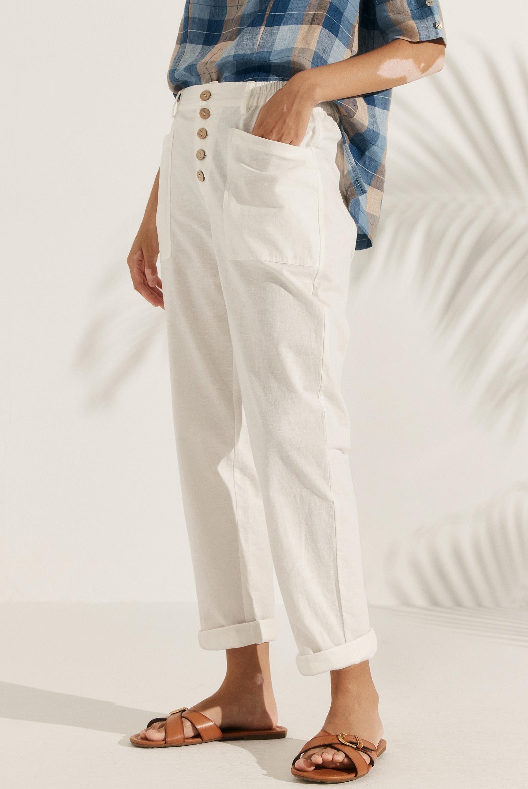 Linen Simple Button Fly Trousers HEIDI - BOTTOMS-Linen Pants