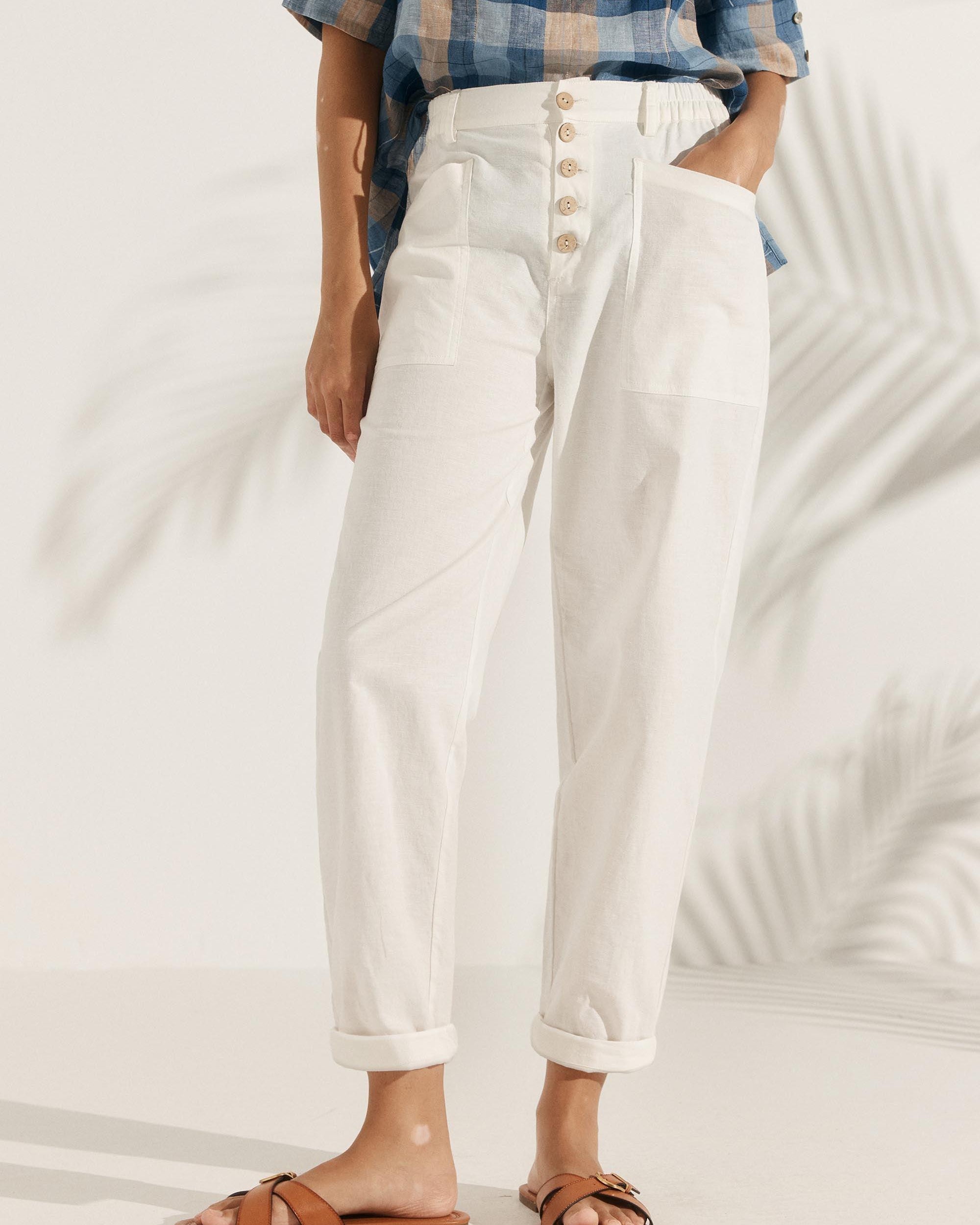 Linen Simple Button Fly Trousers HEIDI - BOTTOMS-Linen Pants