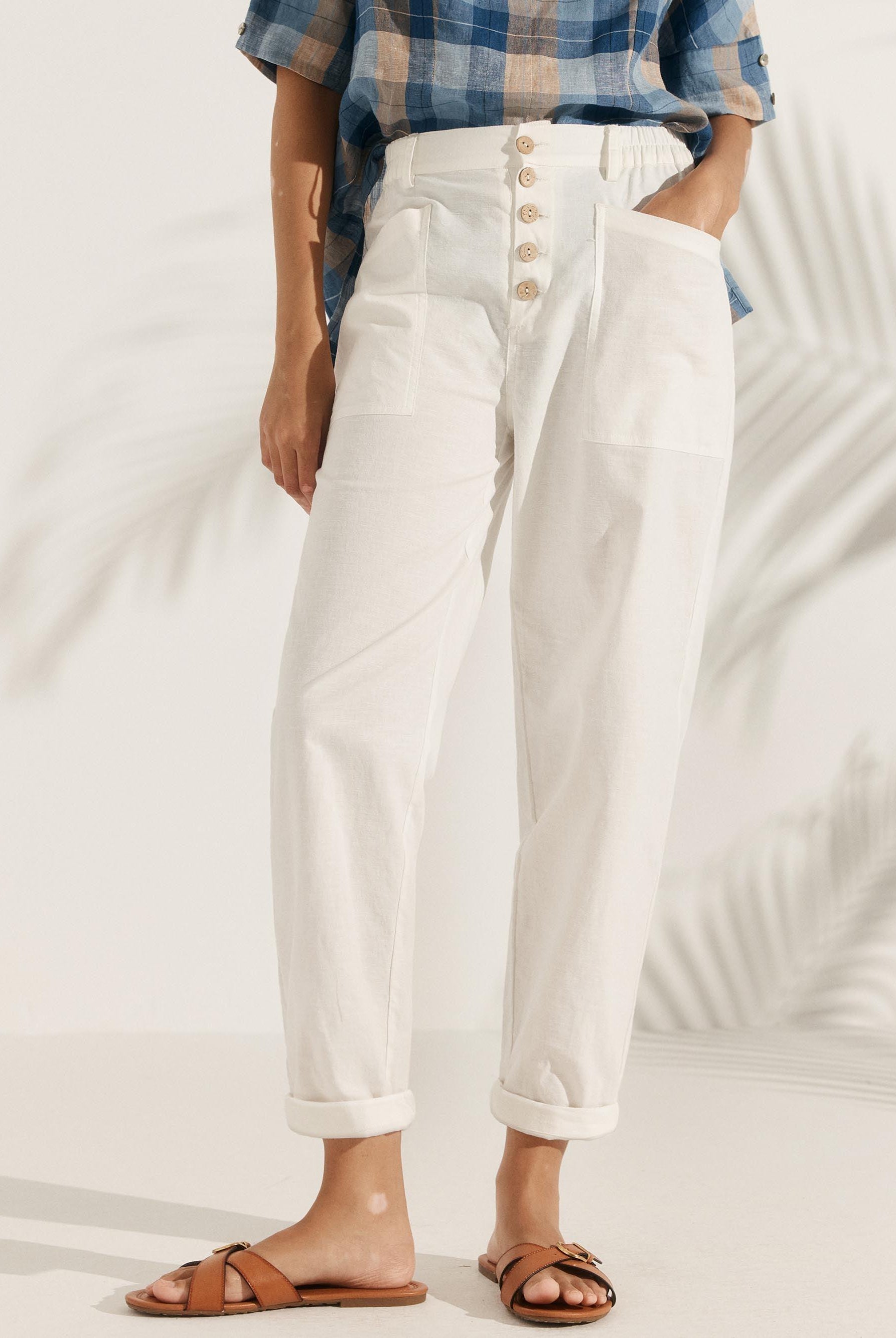 Linen Simple Button Fly Trousers HEIDI - BOTTOMS-Linen Pants
