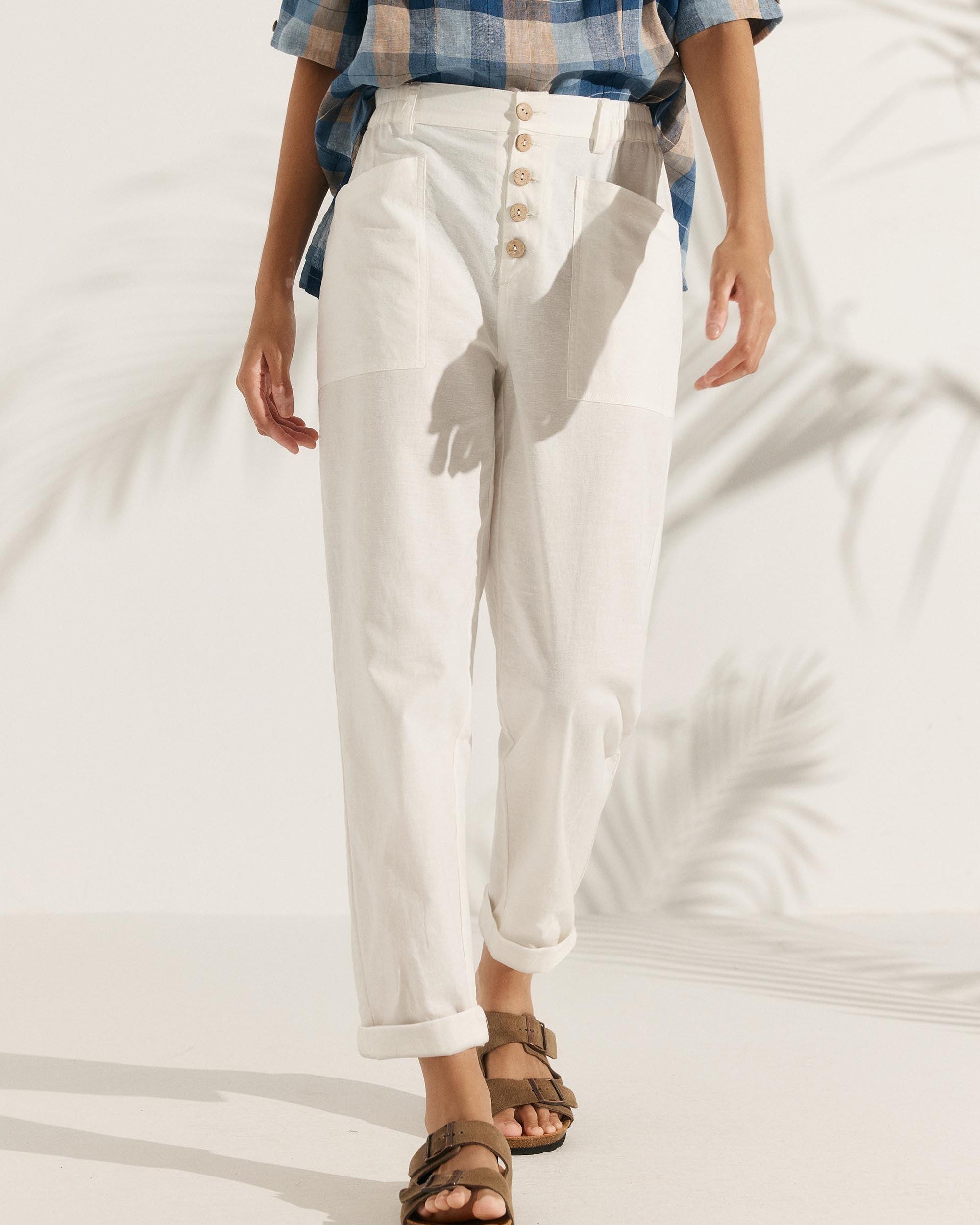 Linen Simple Button Fly Trousers HEIDI - Optic White / XS - BOTTOMS-Linen Pants
