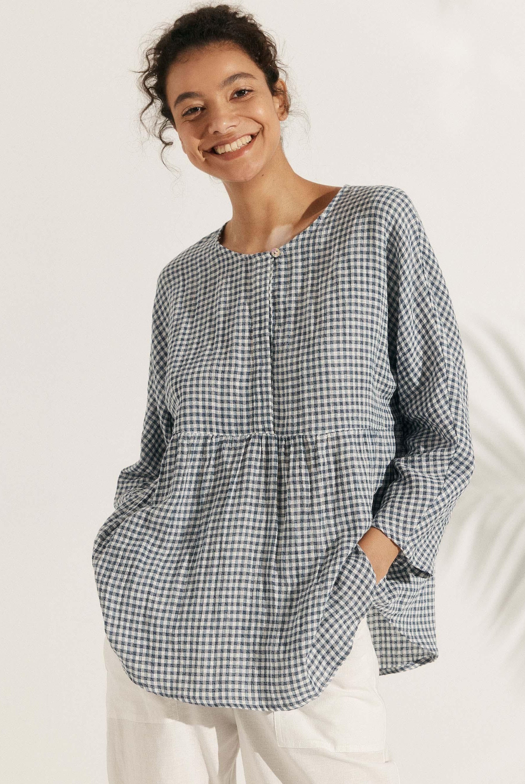 Linen Checked Long-Sleeved Top - Ocean Cream / S - TOPS-Linen Blouses