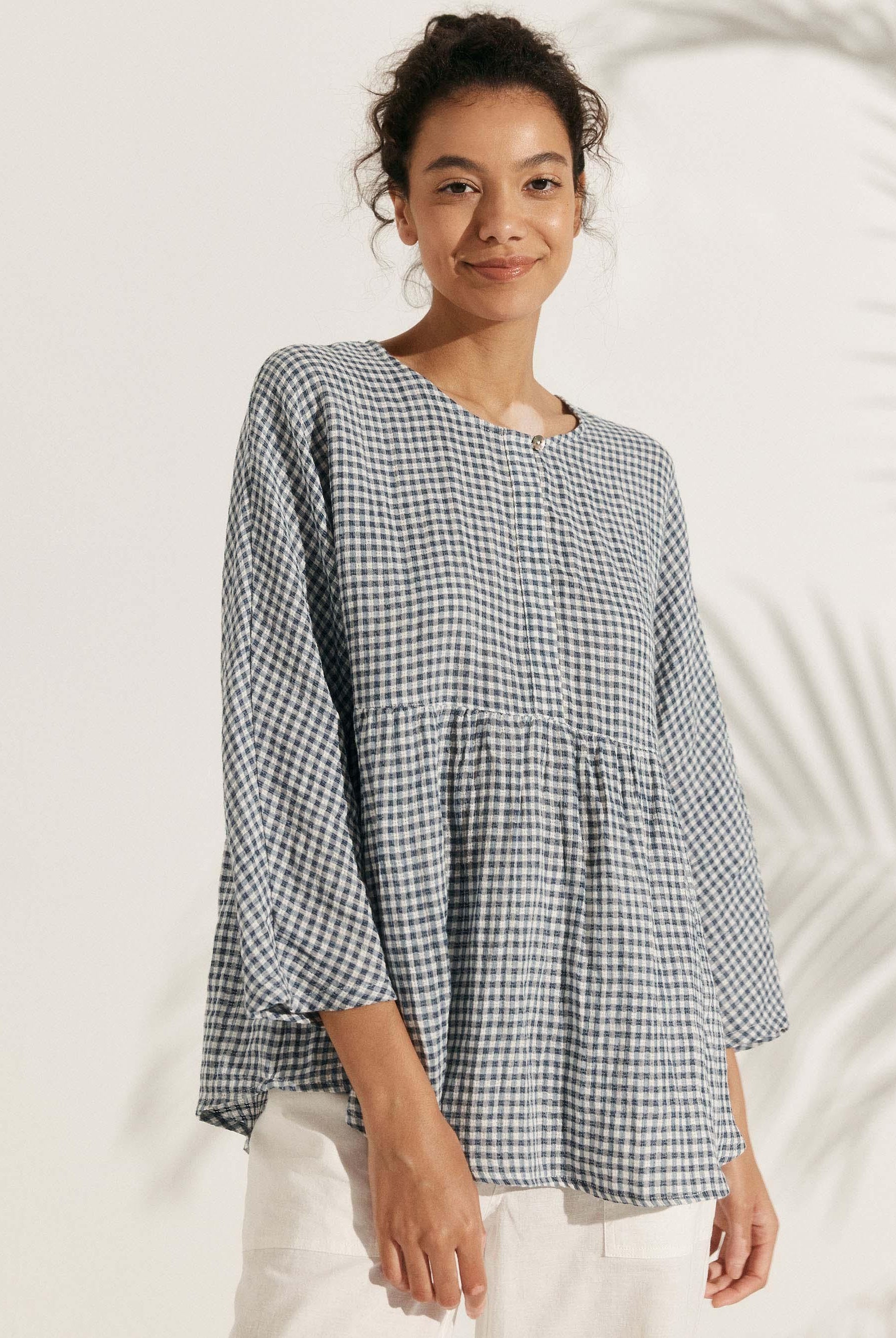 Linen Checked Long-Sleeved Top - TOPS-Linen Blouses