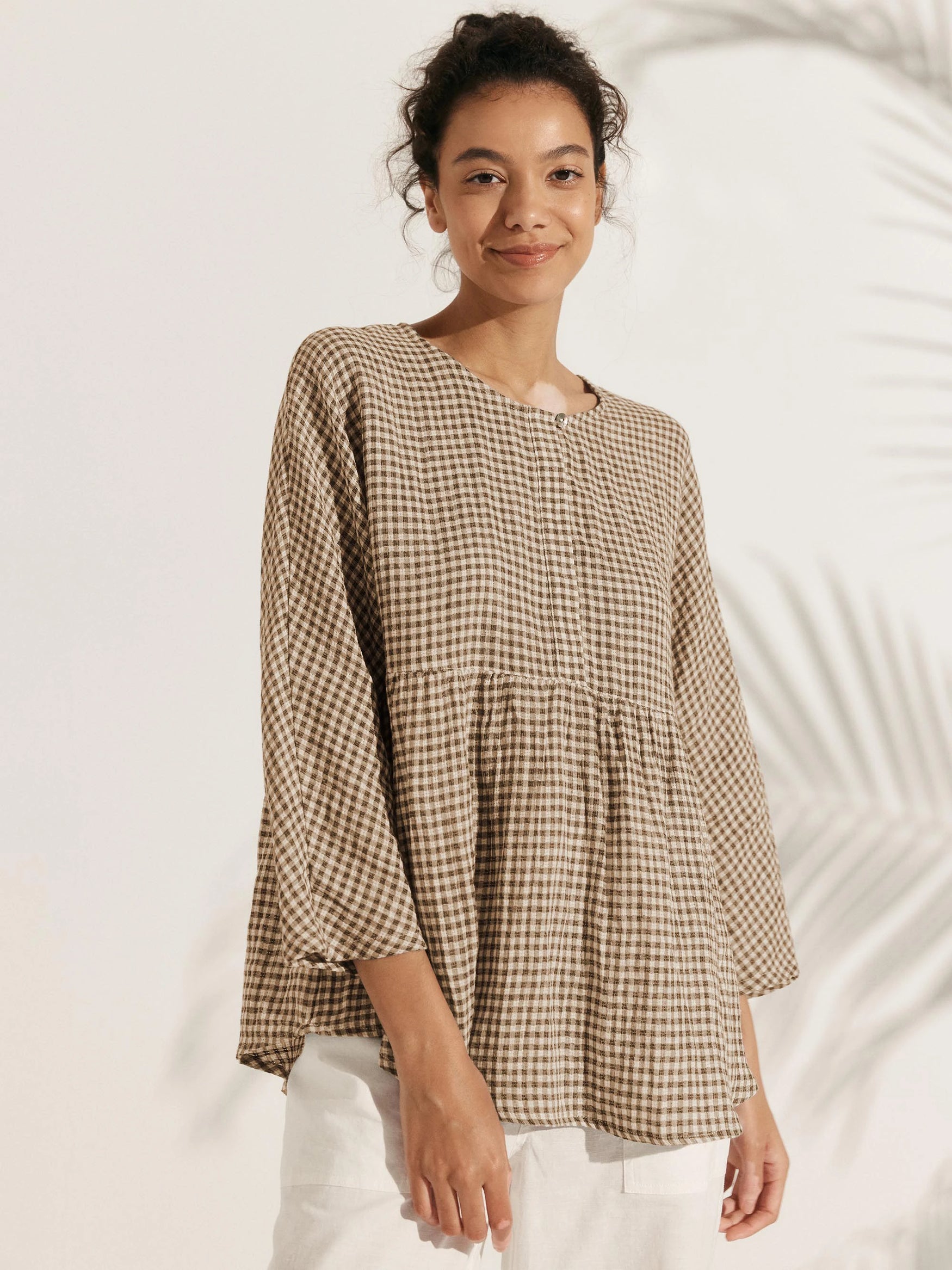 Linen Checked Long-Sleeved Top CAROLINE by LINTICO for women