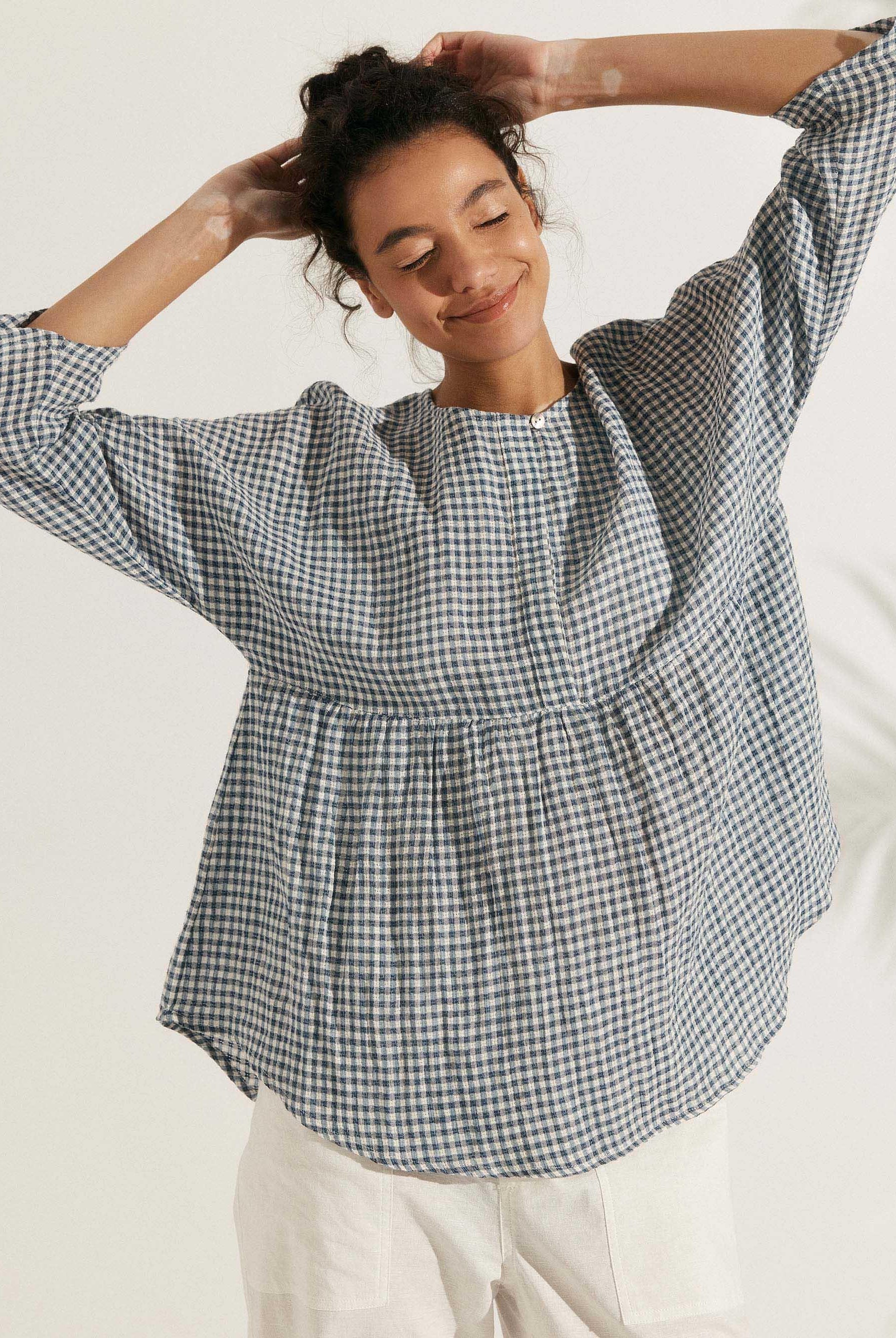 Linen Checked Long-Sleeved Top - TOPS-Linen Blouses