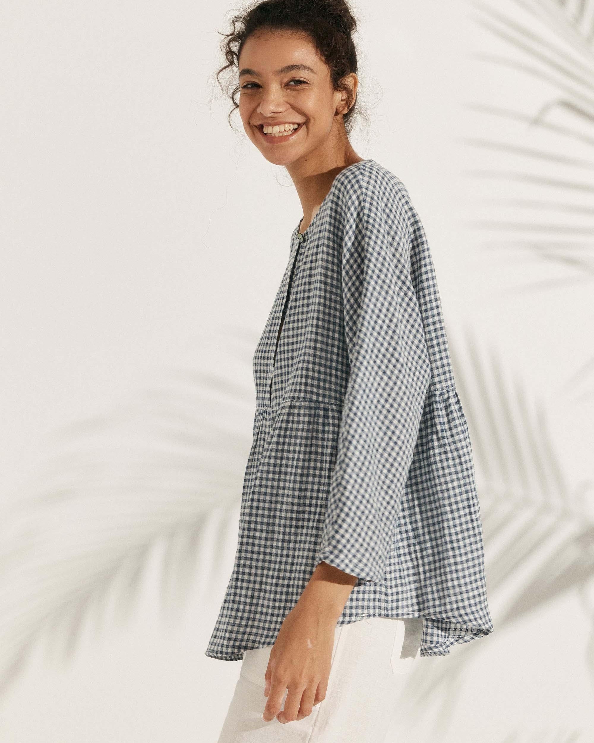 Linen Checked Long-Sleeved Top - TOPS-Linen Blouses