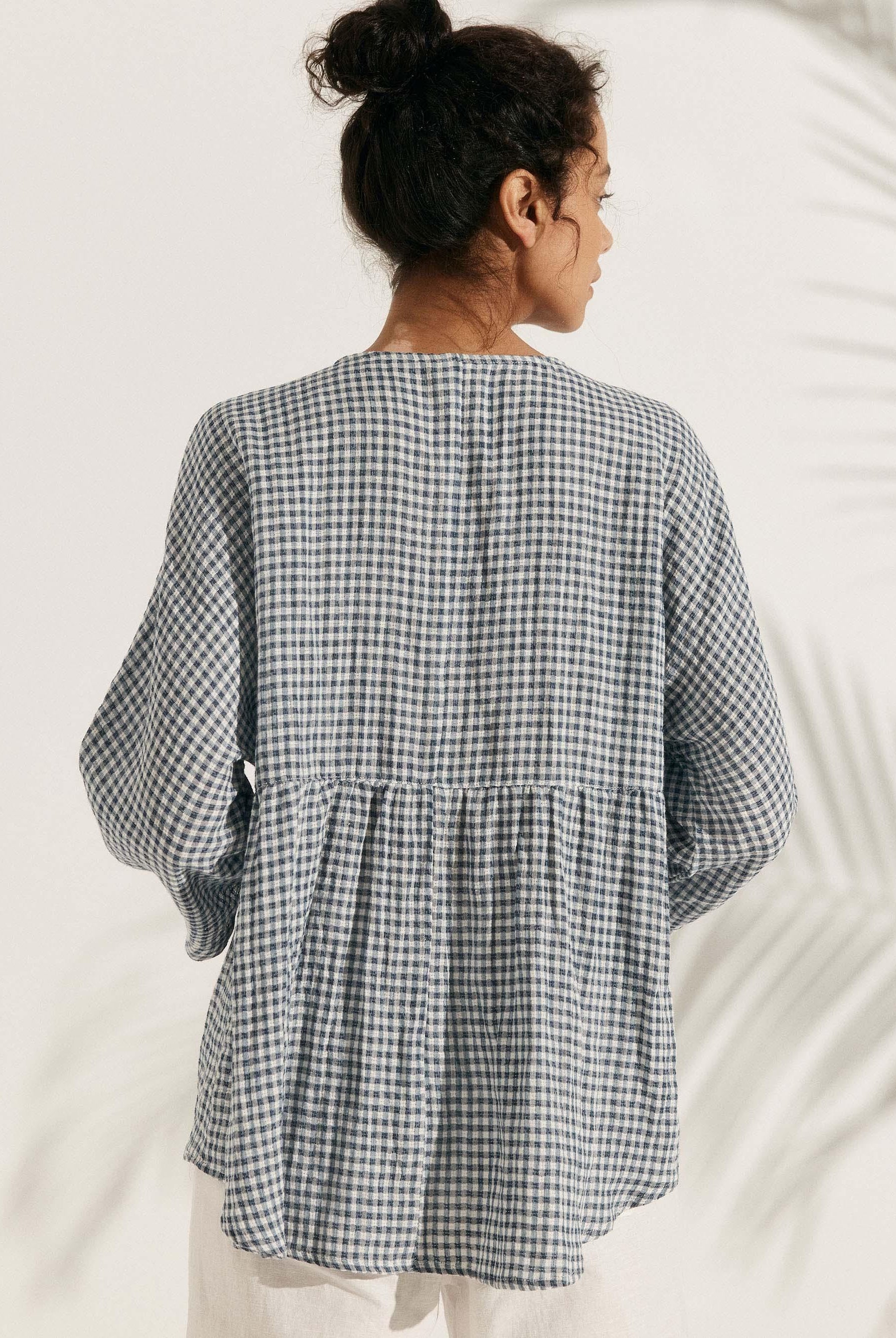 Linen Checked Long-Sleeved Top - TOPS-Linen Blouses