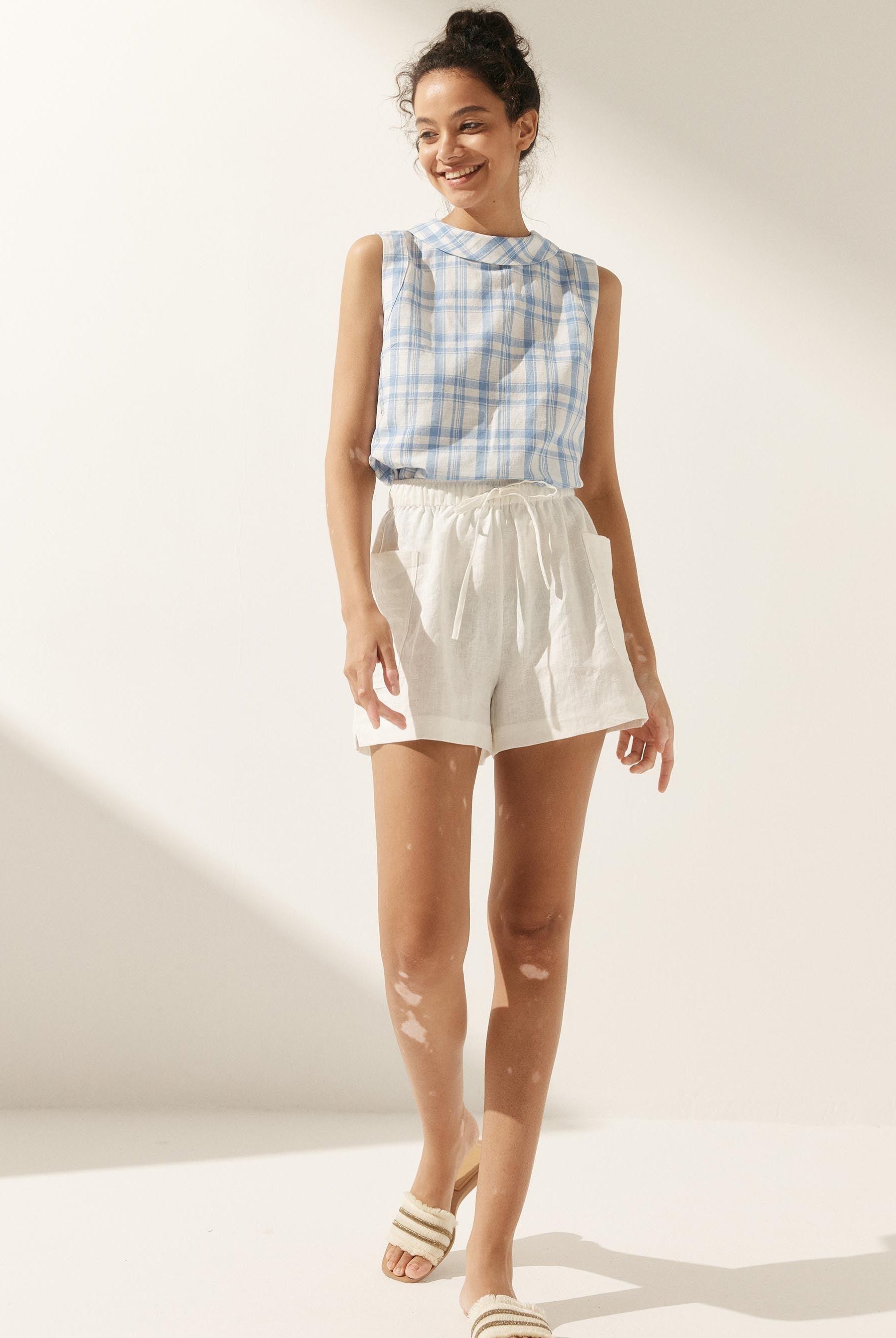 100% Linen Draped Collar Tank Top JACQUELINE - TOPS-Linen Tanks