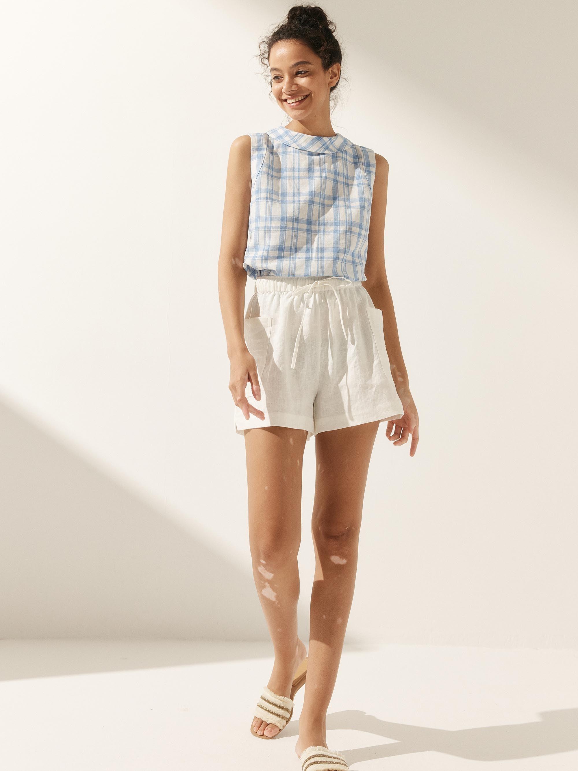 100% Linen Draped Collar Tank Top JACQUELINE - TOPS-Linen Tanks