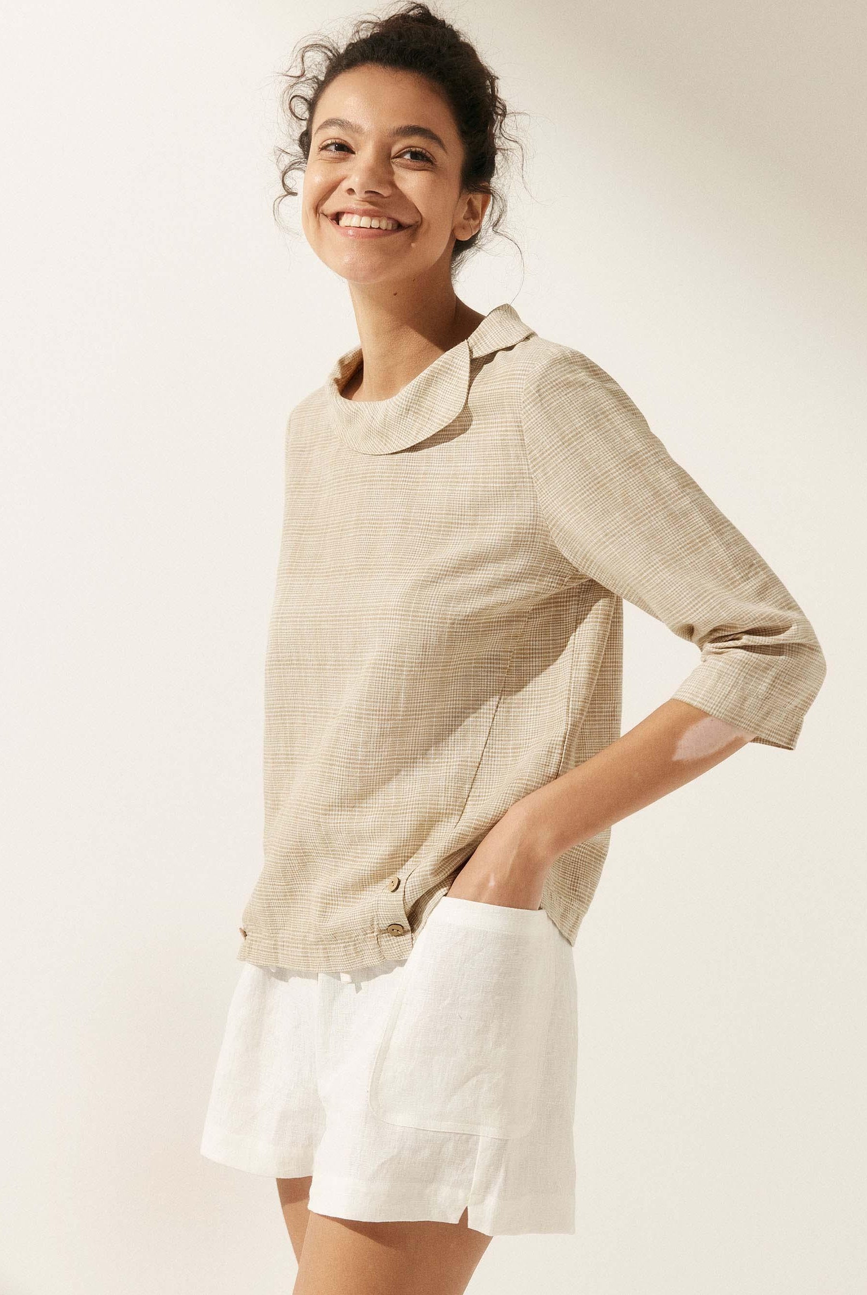 Linen Round Soft-Fold Collar Top ANAIS - TOPS-Linen Blouses
