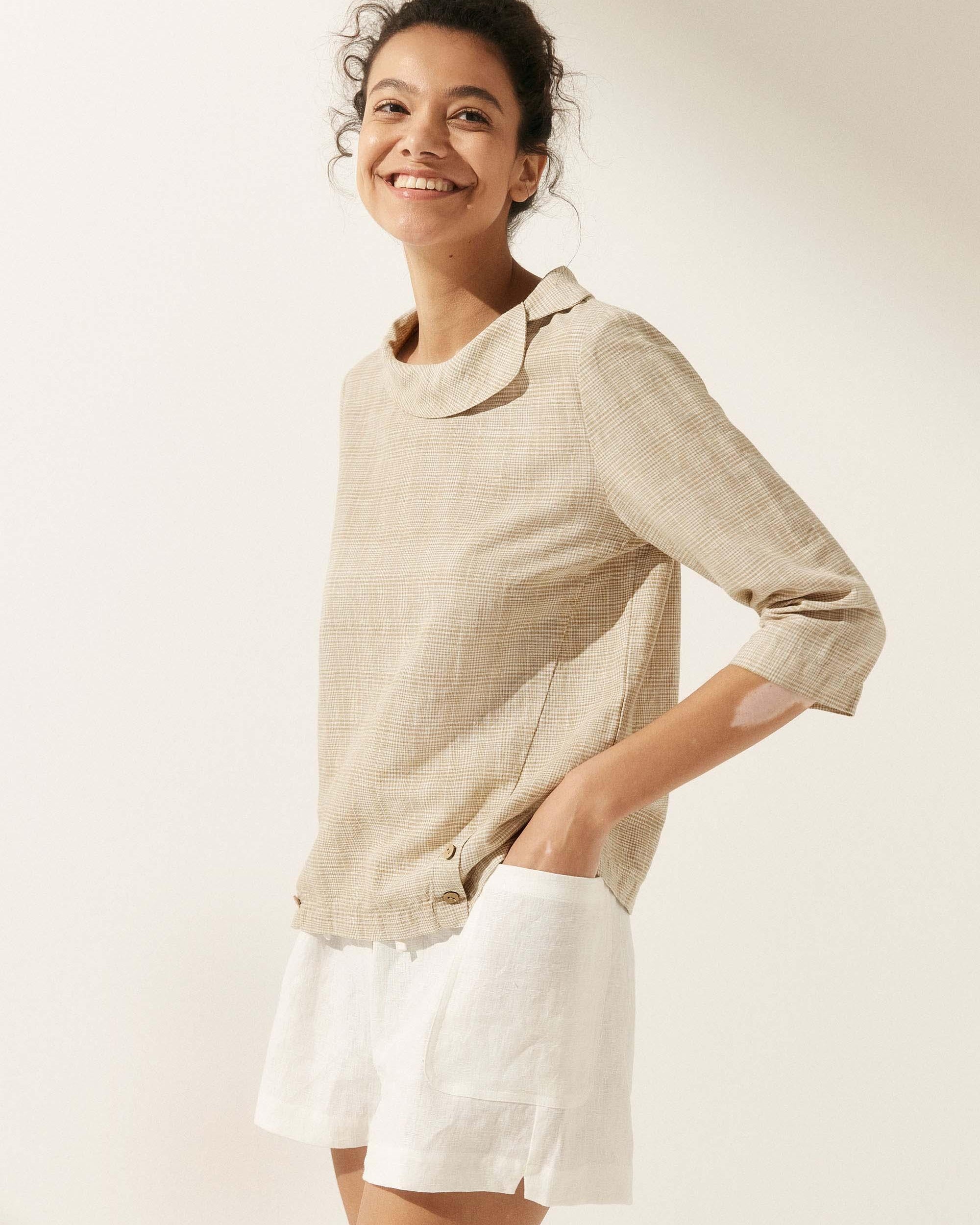 Linen Gingham Checked Round Soft-Fold Collar Top - TOPS-Linen Blouses