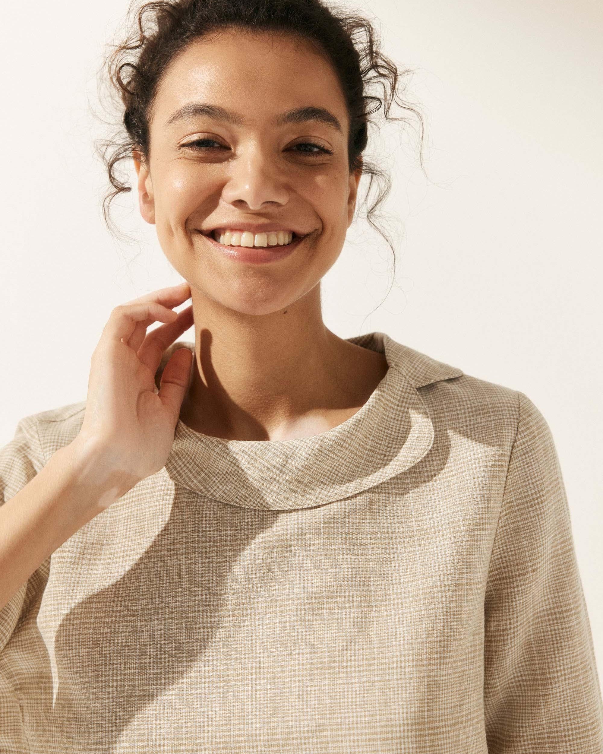 Linen Gingham Checked Round Soft-Fold Collar Top - TOPS-Linen Blouses