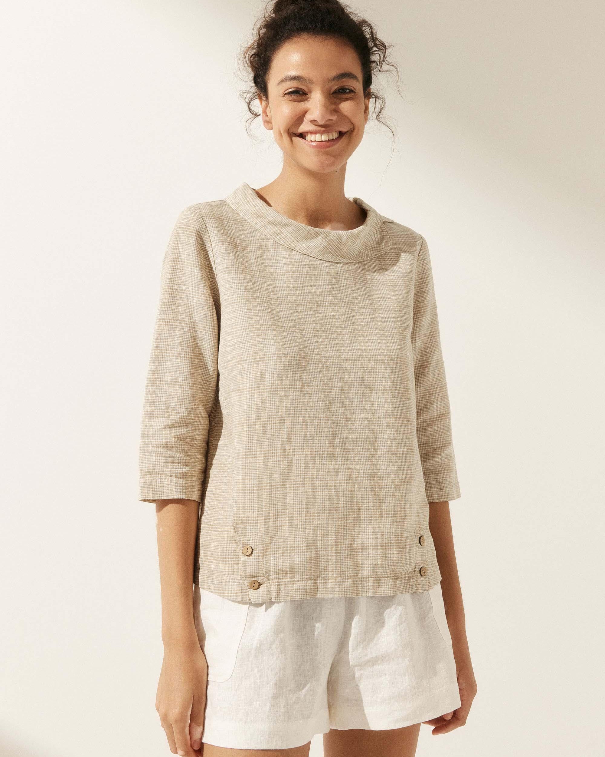 Linen Round Soft-Fold Collar Top ANAIS - Willow Cream / S - TOPS-Linen Blouses