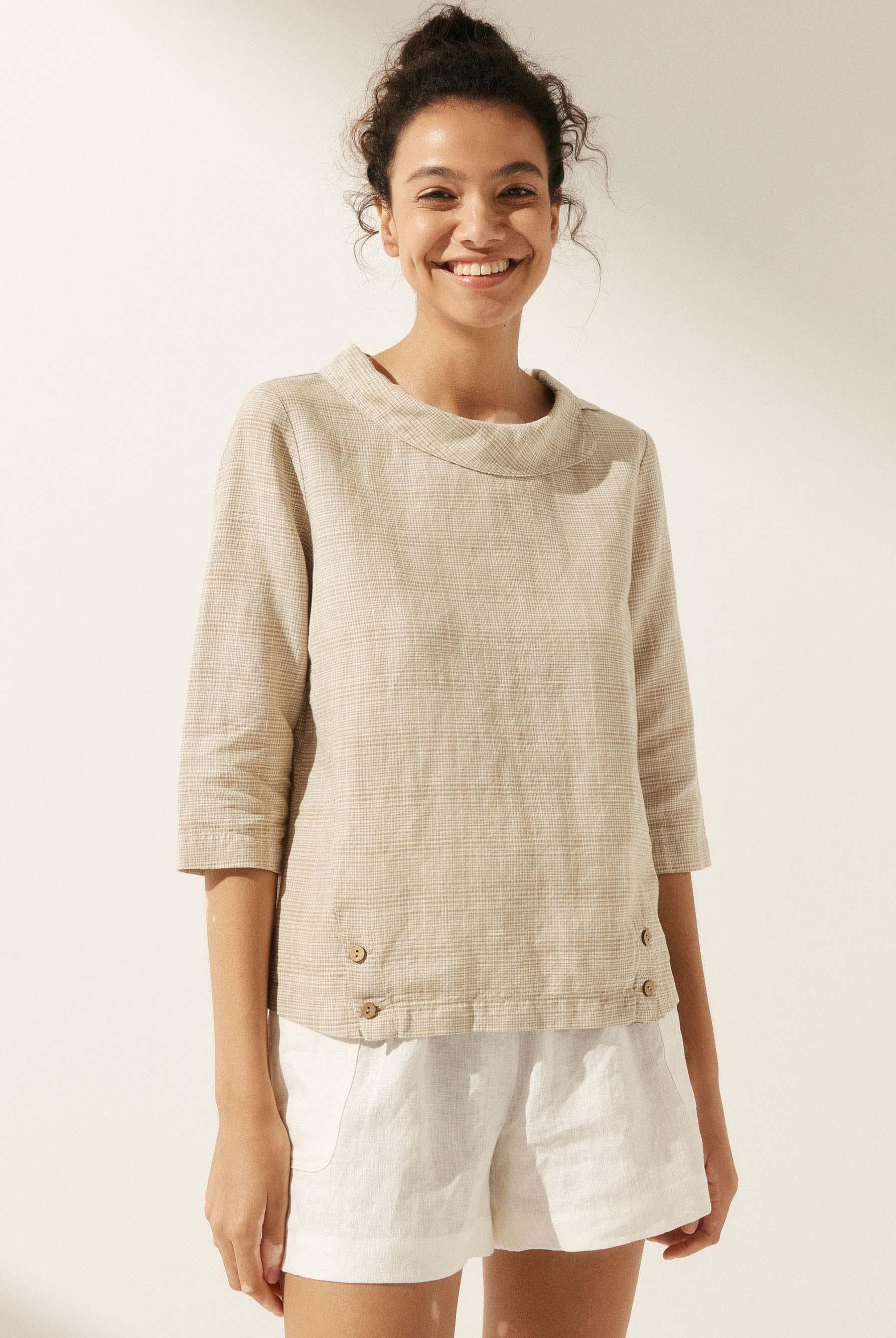 Linen Gingham Checked Round Soft-Fold Collar Top - TOPS-Linen Blouses