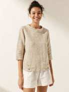 Linen Gingham Checked Round Soft-Fold Collar Top - TOPS-Linen Blouses