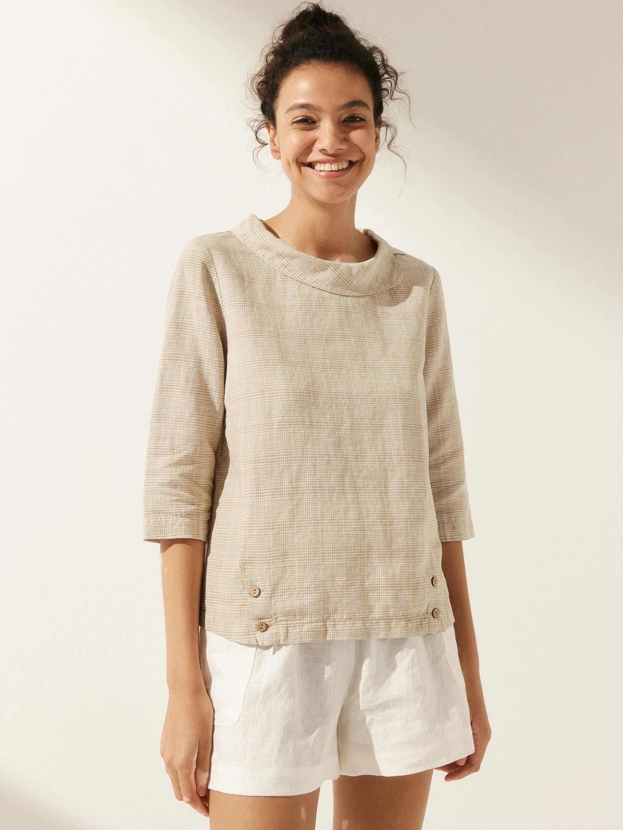 Linen Gingham Checked Round Soft-Fold Collar Top - TOPS-Linen Blouses