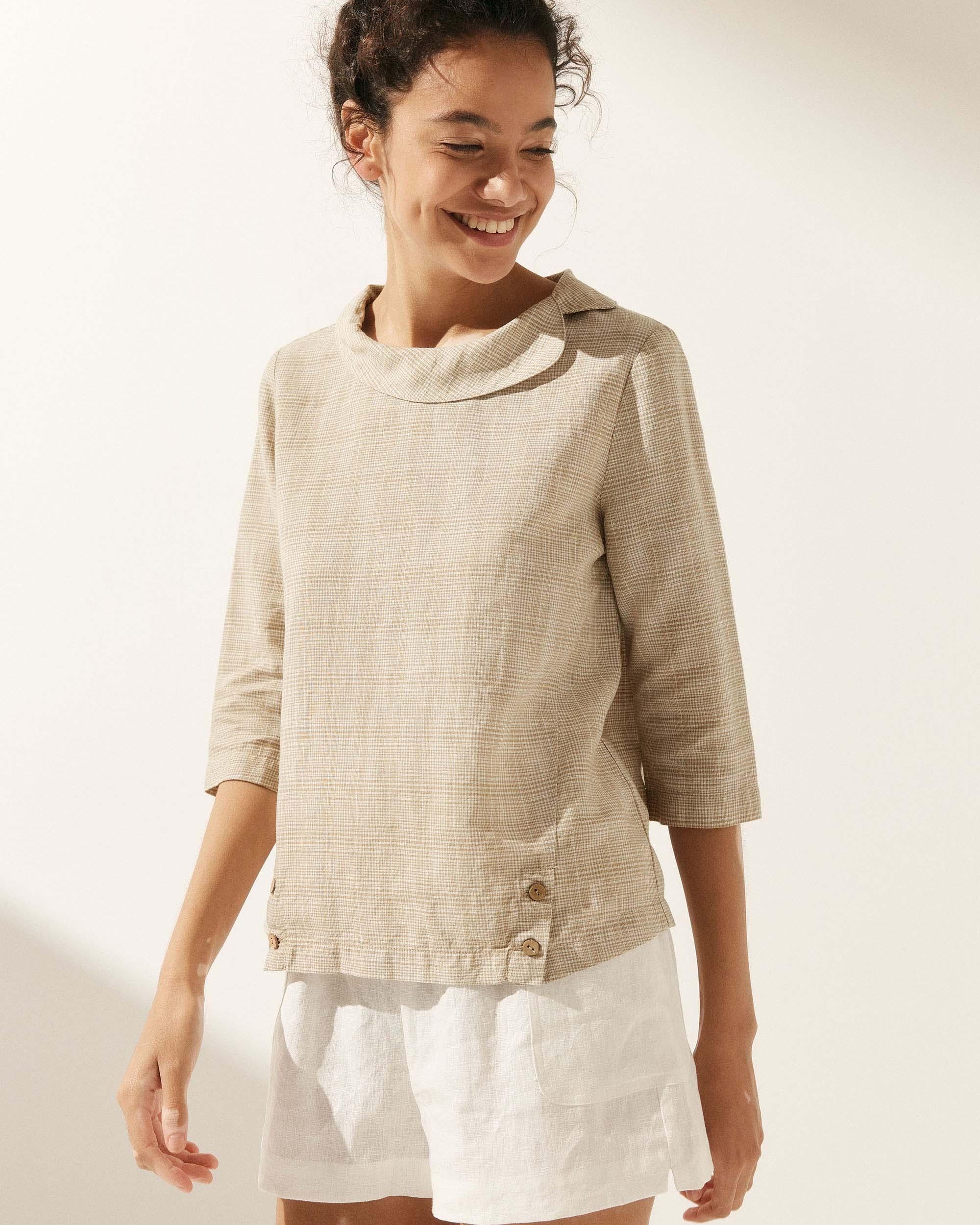 Linen Gingham Checked Round Soft-Fold Collar Top - Willow Cream / S - TOPS-Linen Blouses