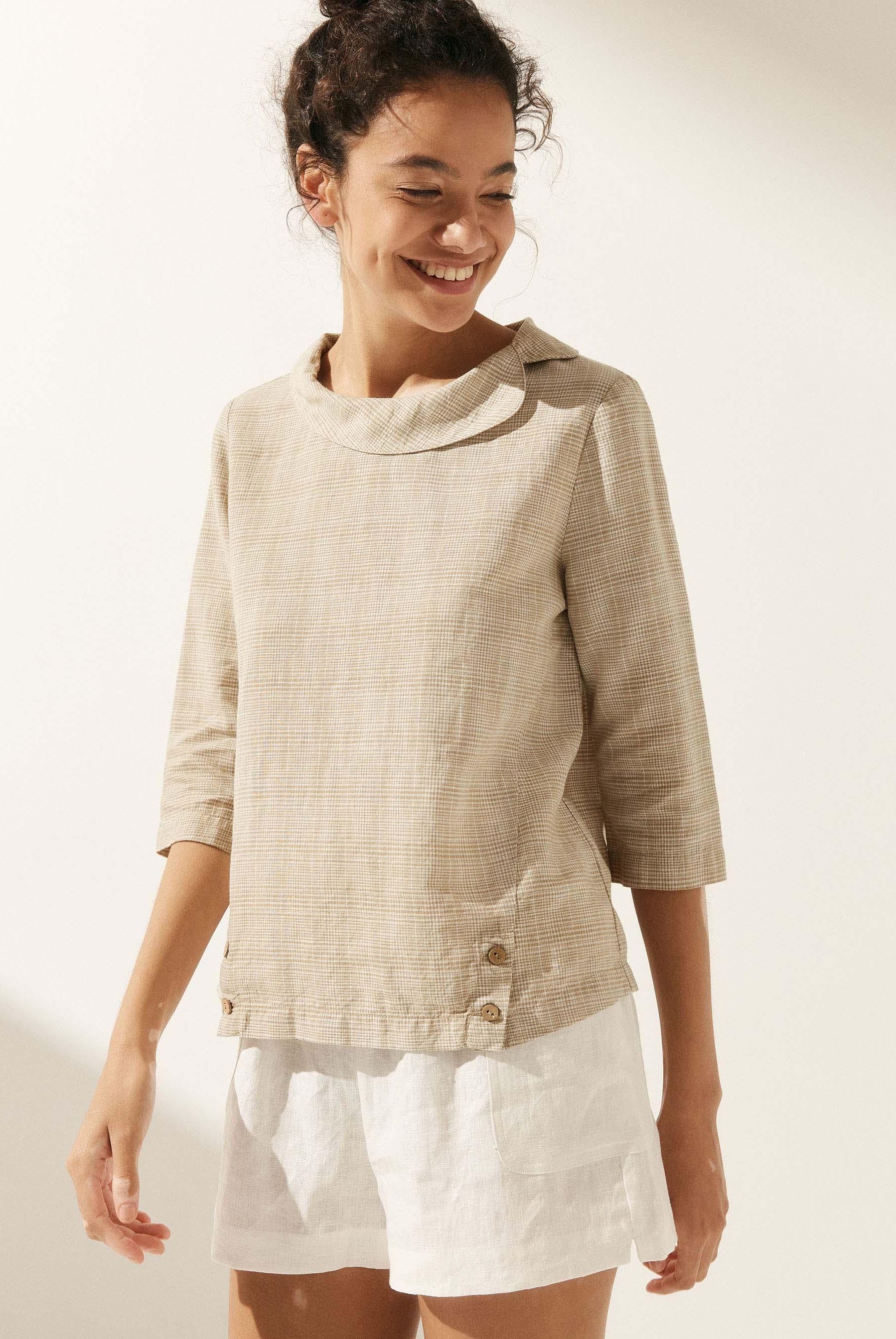 Linen Gingham Checked Round Soft-Fold Collar Top - Willow Cream / S - TOPS-Linen Blouses