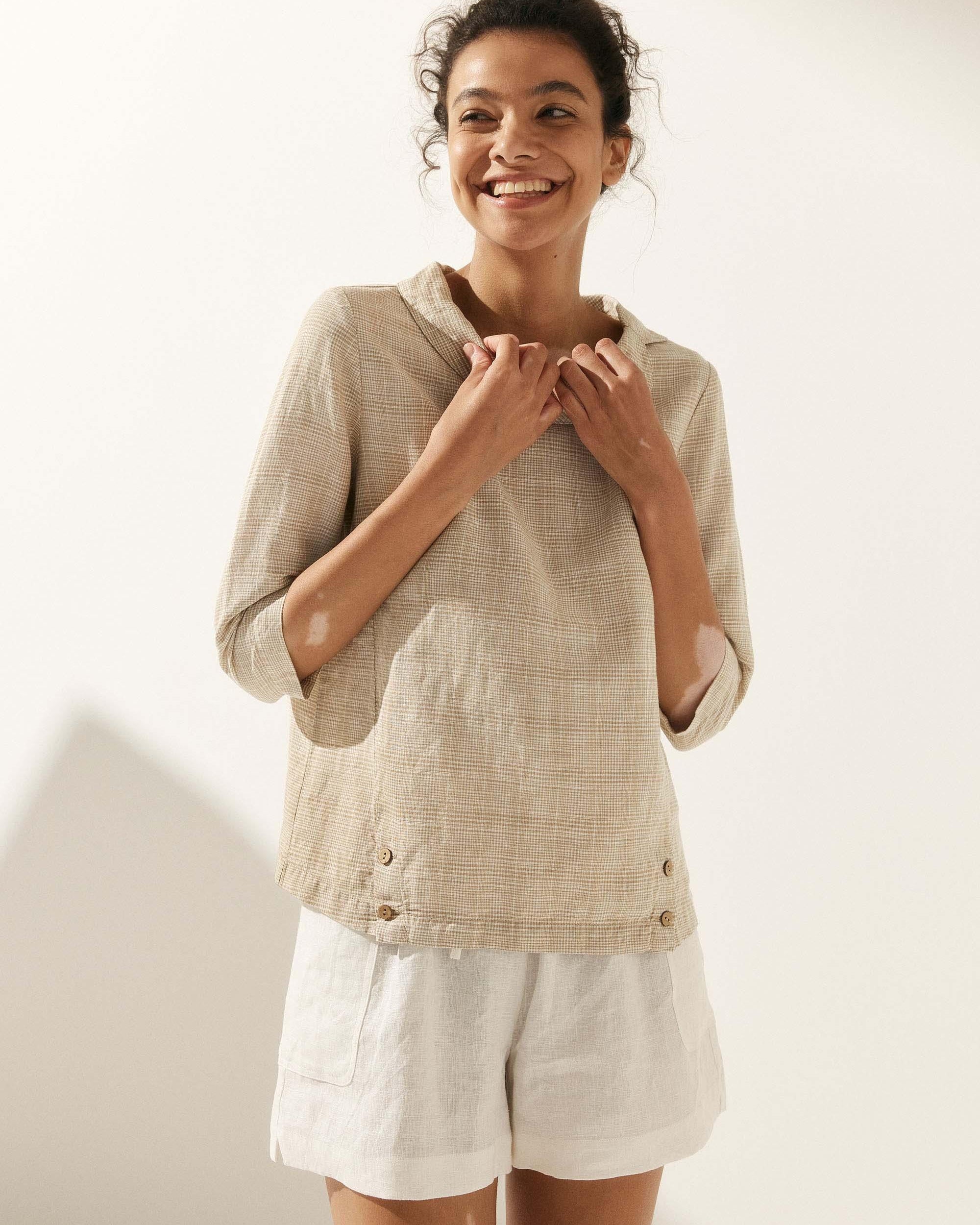 Linen Round Soft-Fold Collar Top ANAIS - TOPS-Linen Blouses