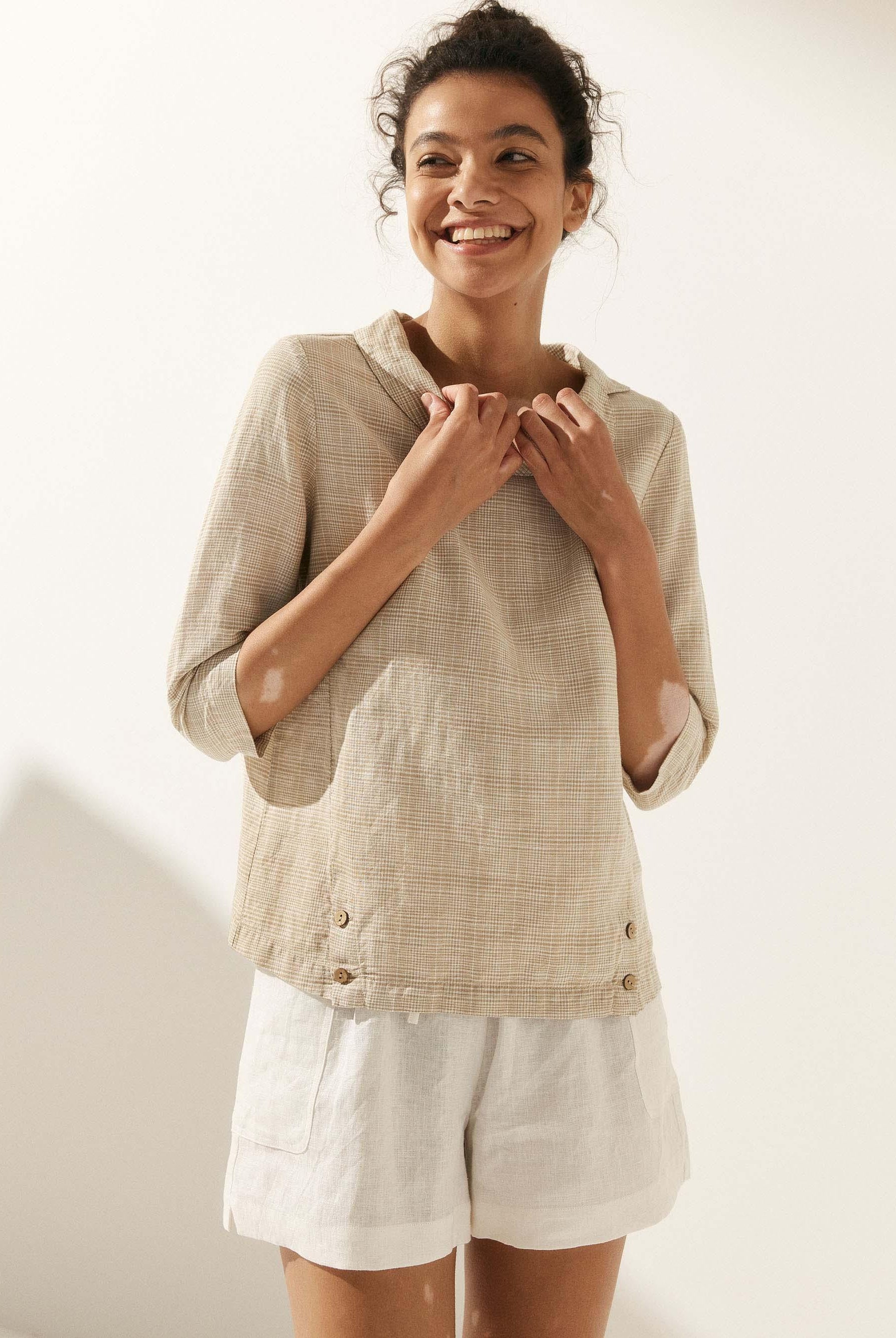 Linen Round Soft-Fold Collar Top ANAIS - TOPS-Linen Blouses