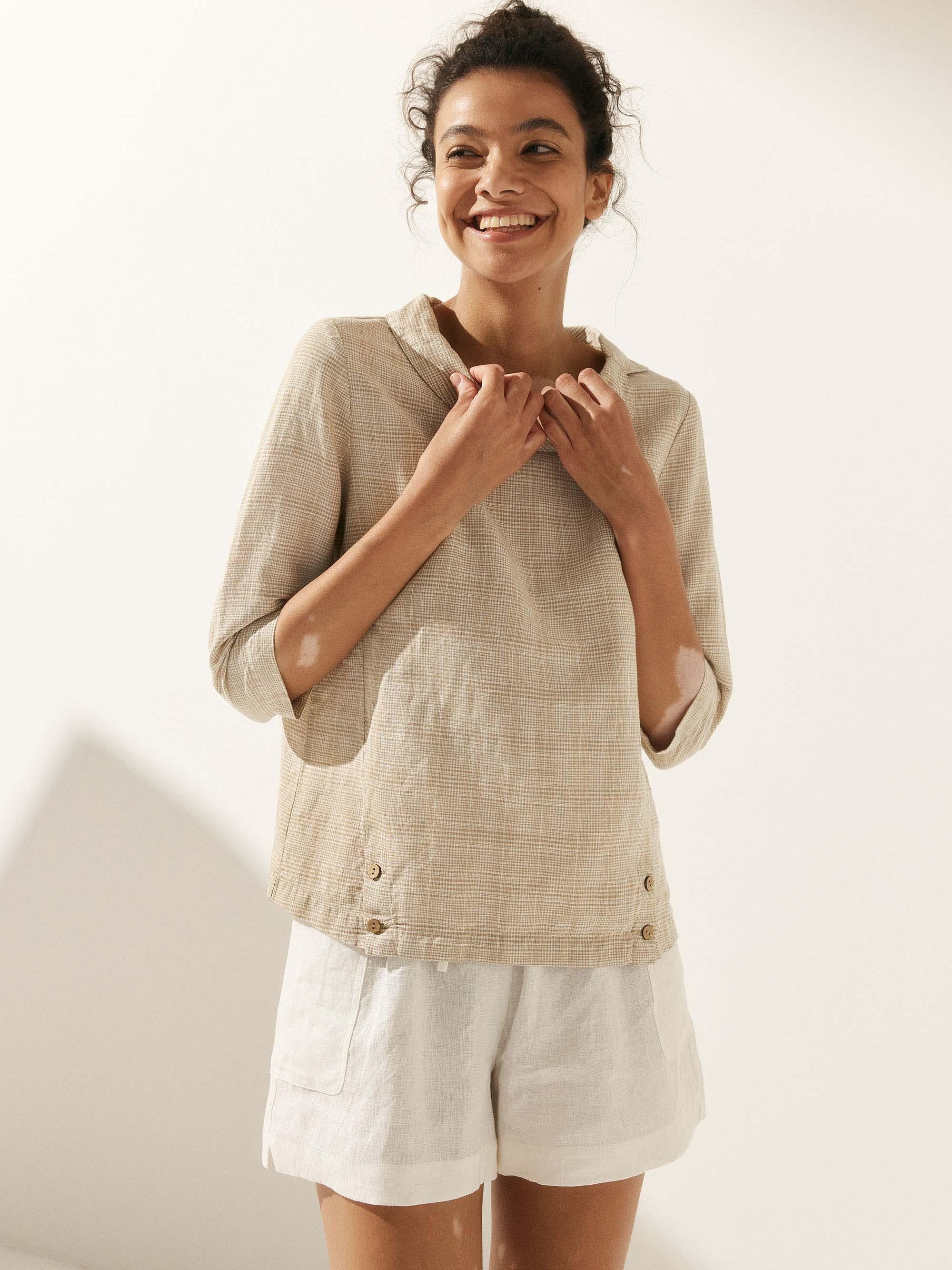 Linen Gingham Checked Round Soft-Fold Collar Top - TOPS-Linen Blouses