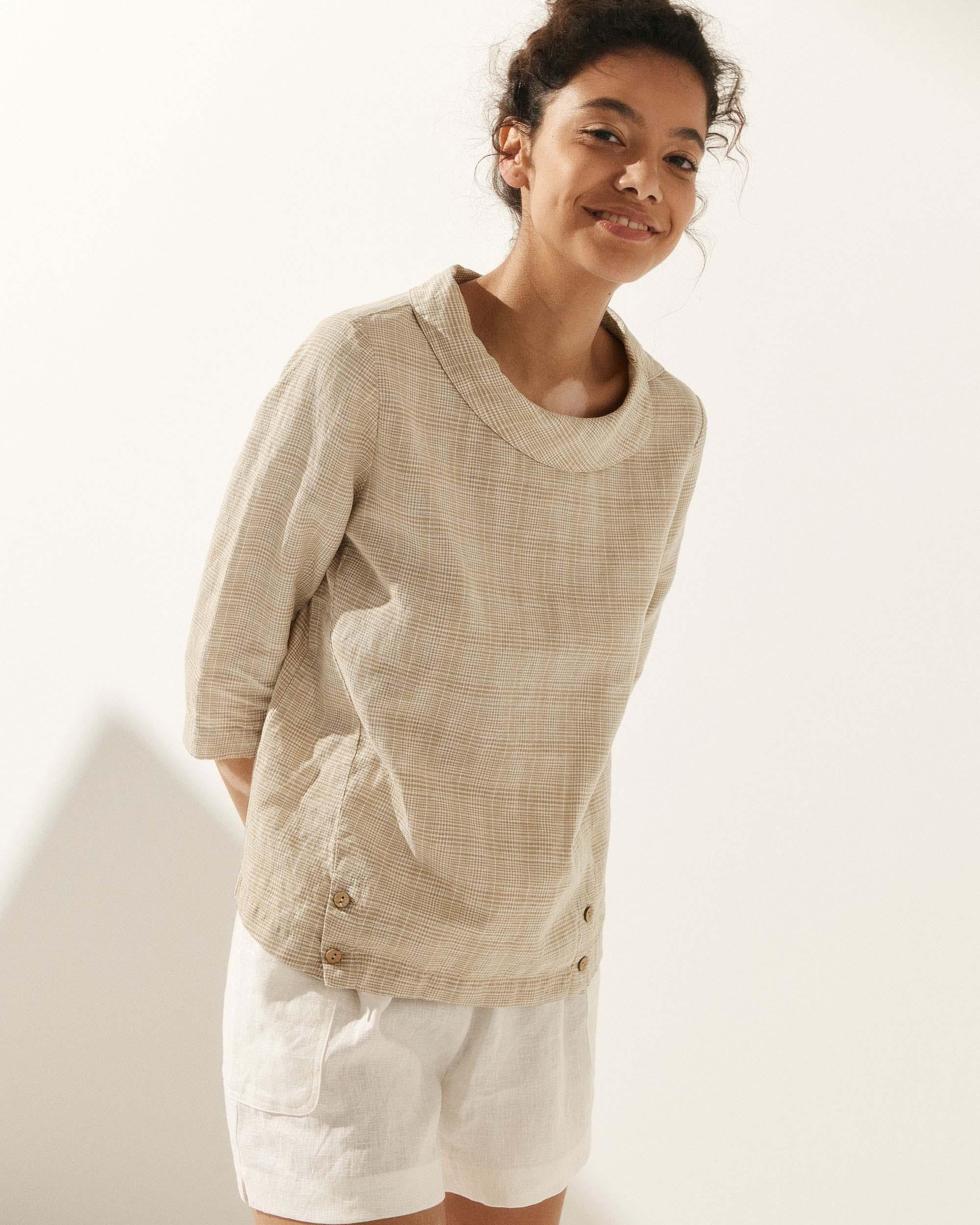 Linen Gingham Checked Round Soft-Fold Collar Top - TOPS-Linen Blouses