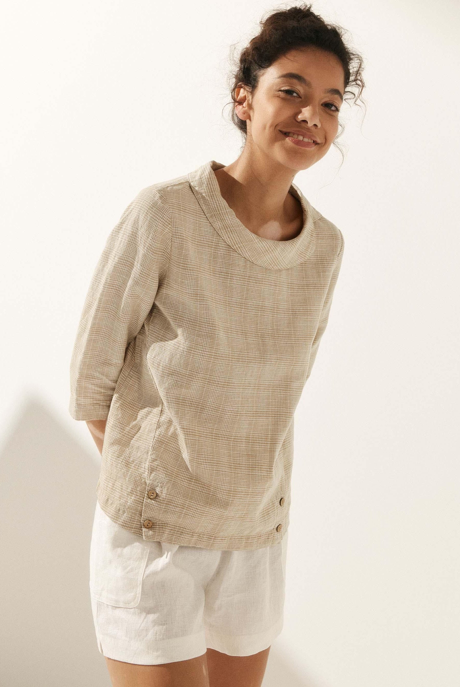 Linen Gingham Checked Round Soft-Fold Collar Top - TOPS-Linen Blouses