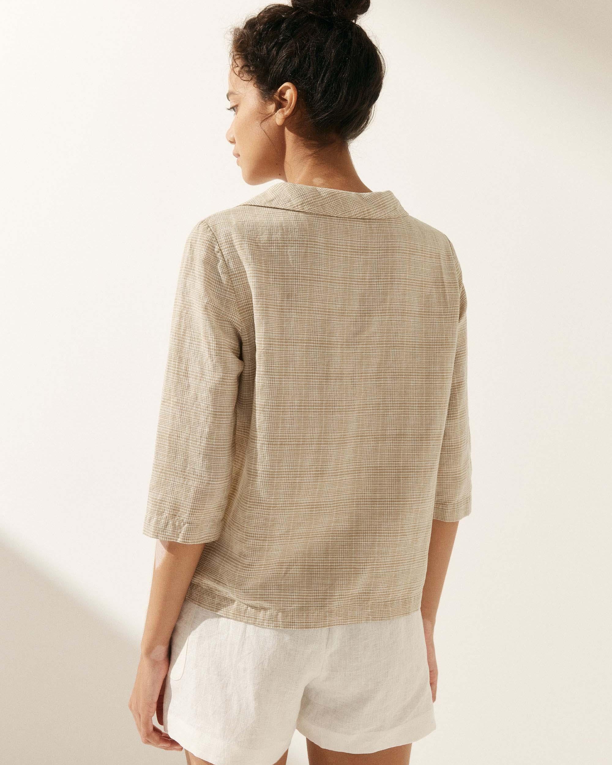Linen Gingham Checked Round Soft-Fold Collar Top - TOPS-Linen Blouses