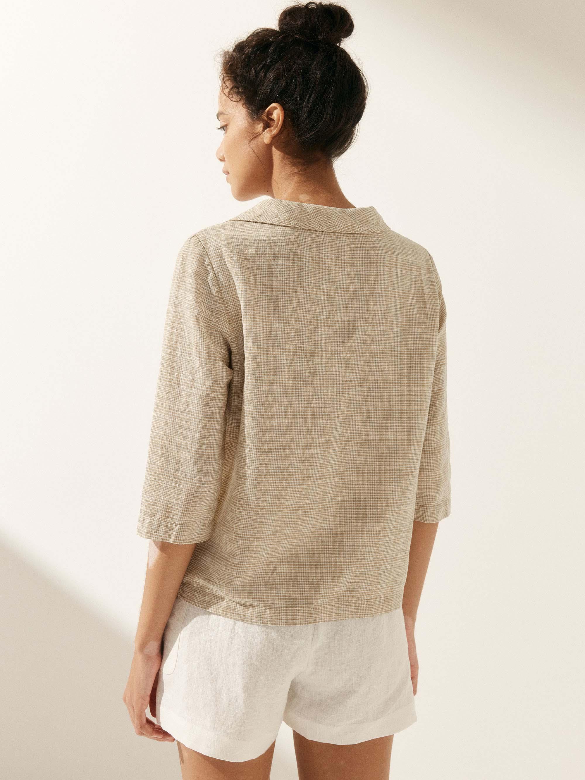 Linen Gingham Checked Round Soft-Fold Collar Top - TOPS-Linen Blouses