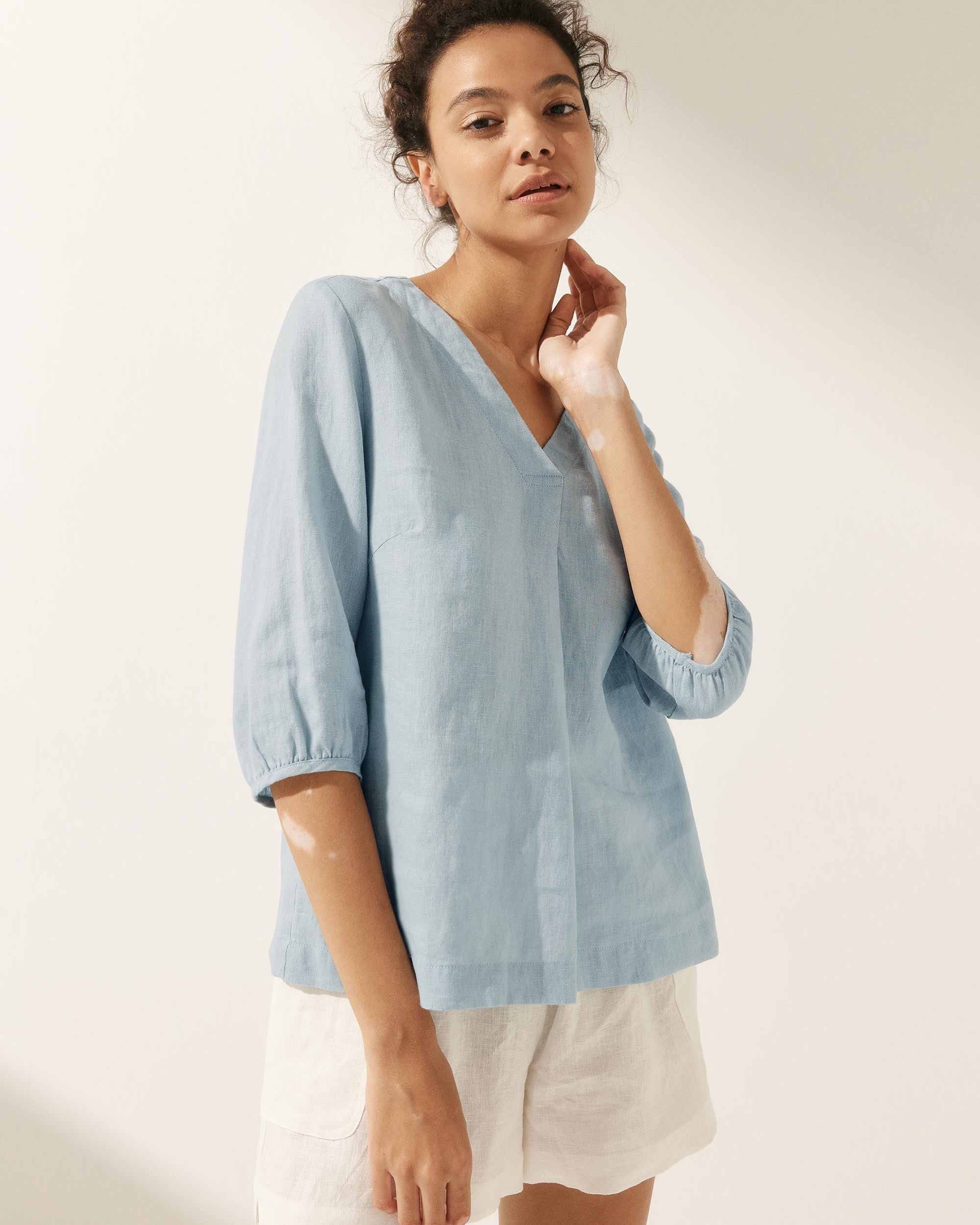 100% Linen Puff Sleeves Top - TOPS-Linen Blouses