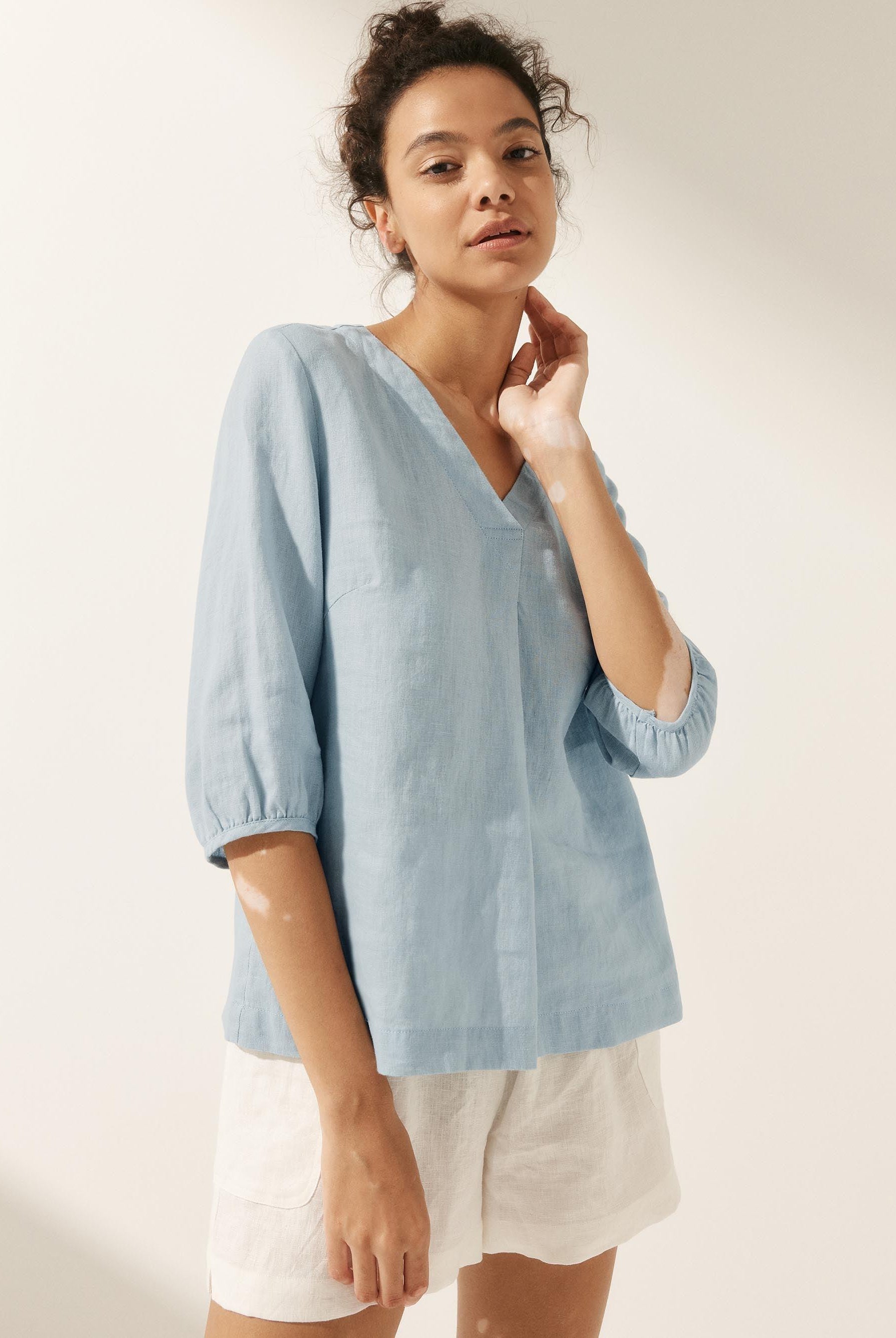 100% Linen Puff Sleeves Top - TOPS-Linen Blouses