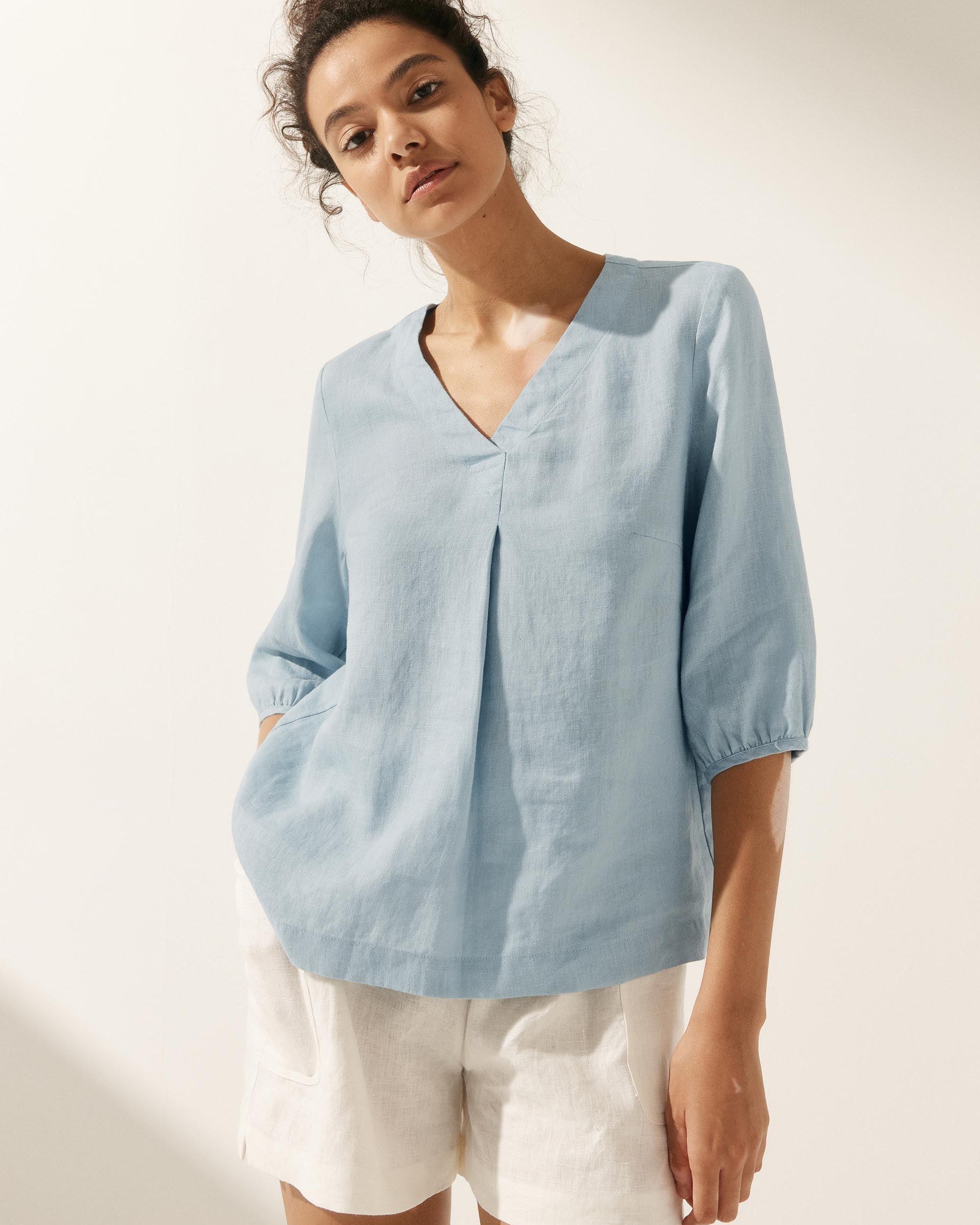 100% Linen Puff Sleeves Top - TOPS-Linen Blouses