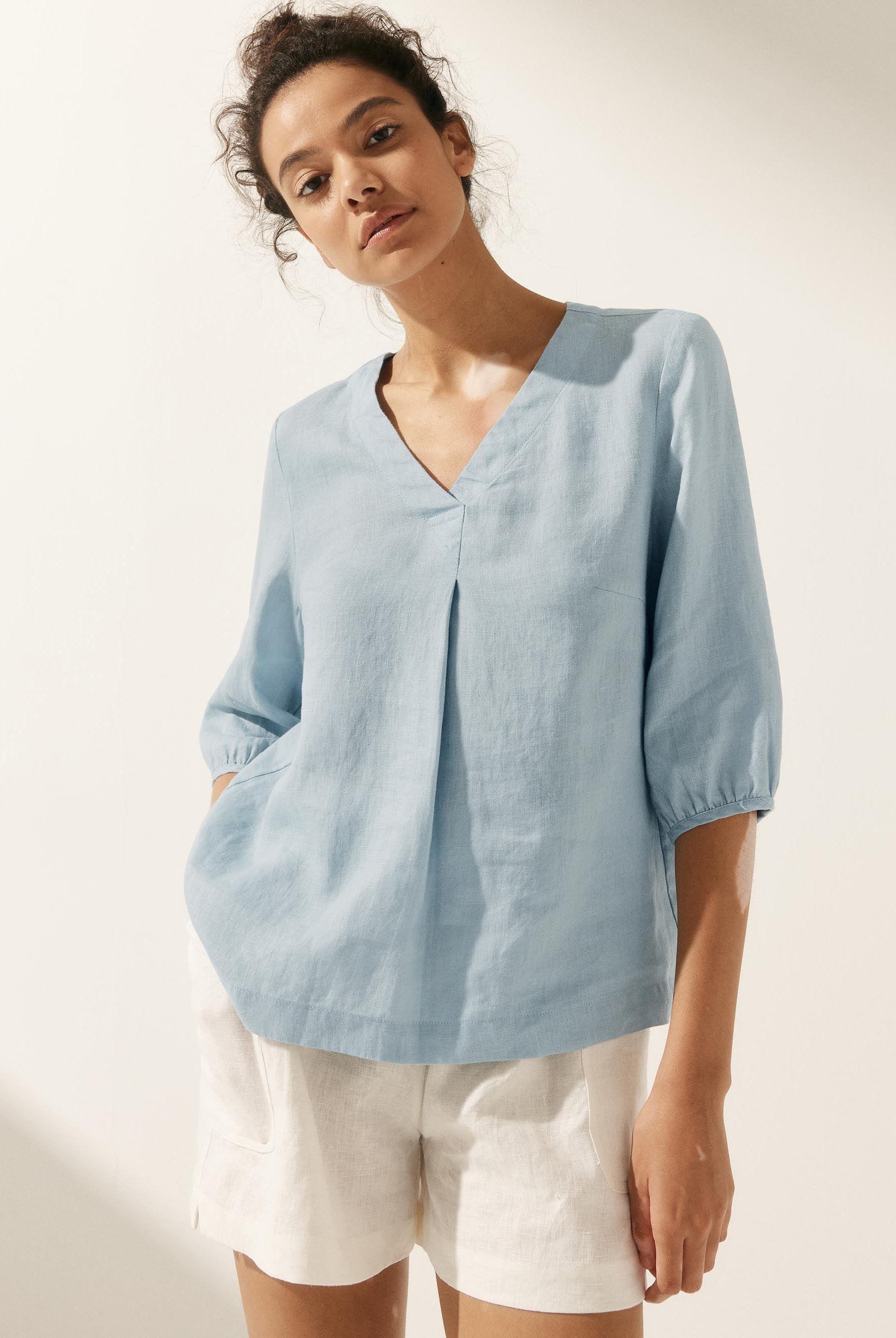 100% Linen Puff Sleeves Top - TOPS-Linen Blouses