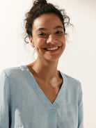 100% Linen Striped Puff Sleeves Top - TOPS-Linen Blouses