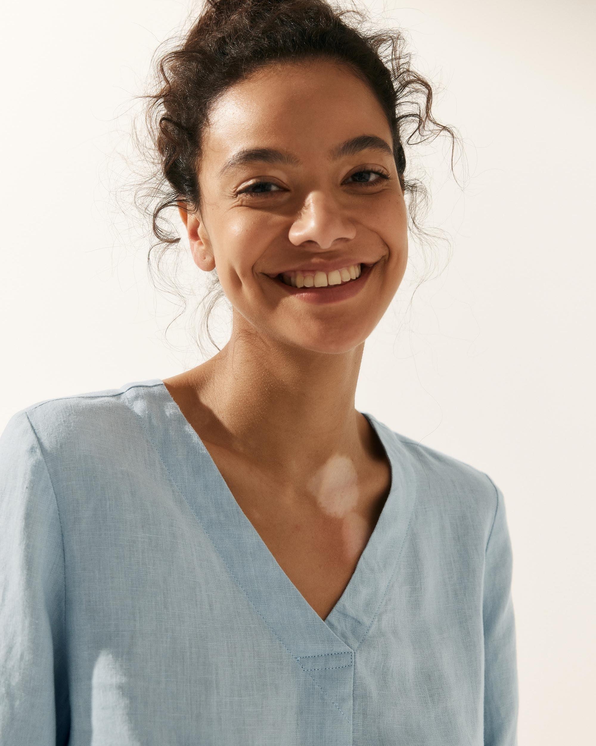 100% Linen Puff Sleeves Top - TOPS-Linen Blouses