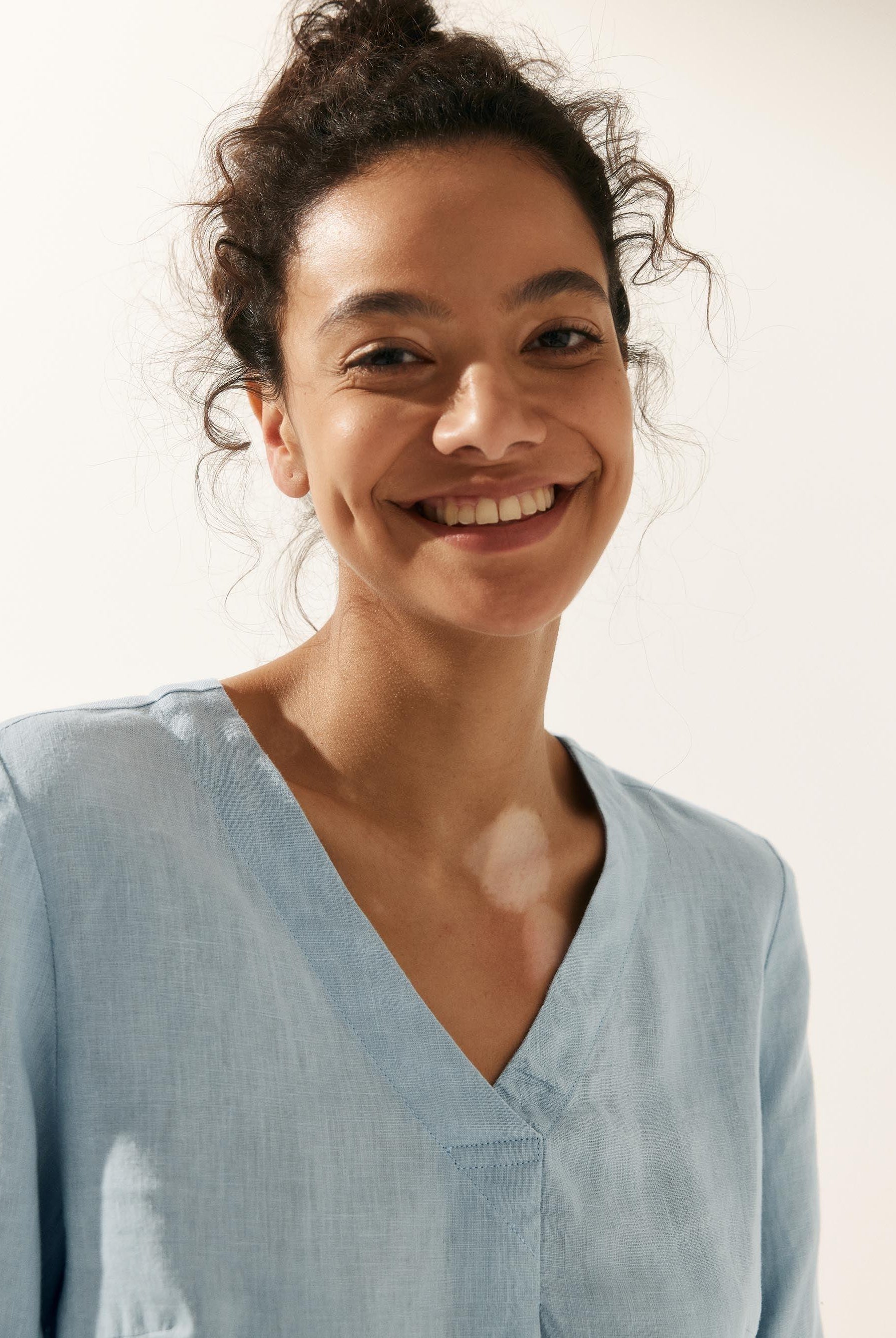 100% Linen Puff Sleeves Top - TOPS-Linen Blouses