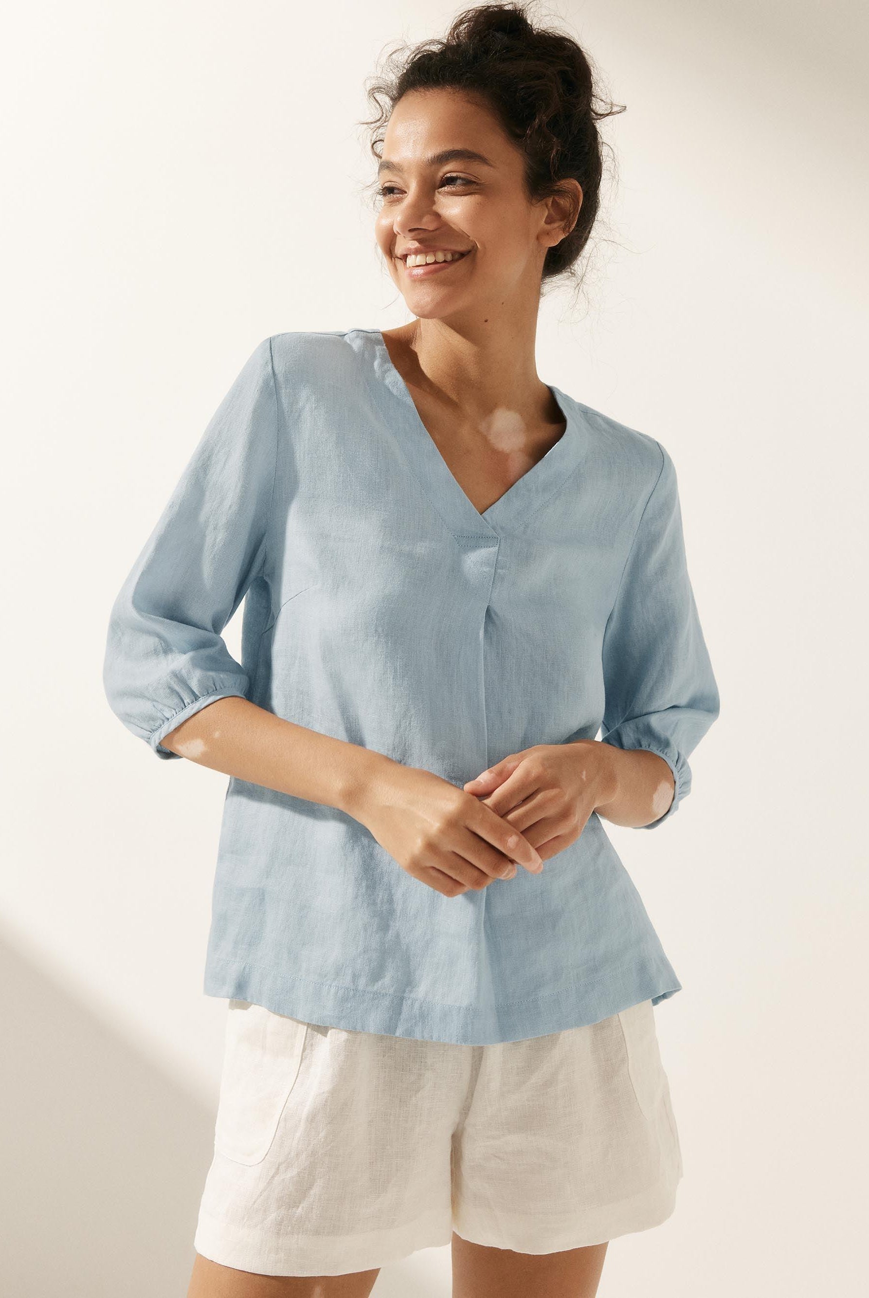 100% Linen Striped Puff Sleeves Top - TOPS-Linen Blouses