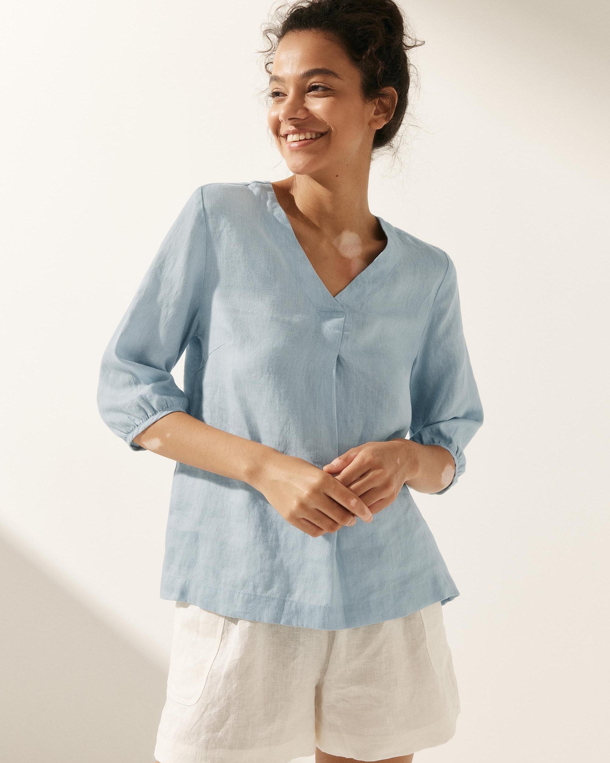 100% Linen Puff Sleeves Top - TOPS-Linen Blouses