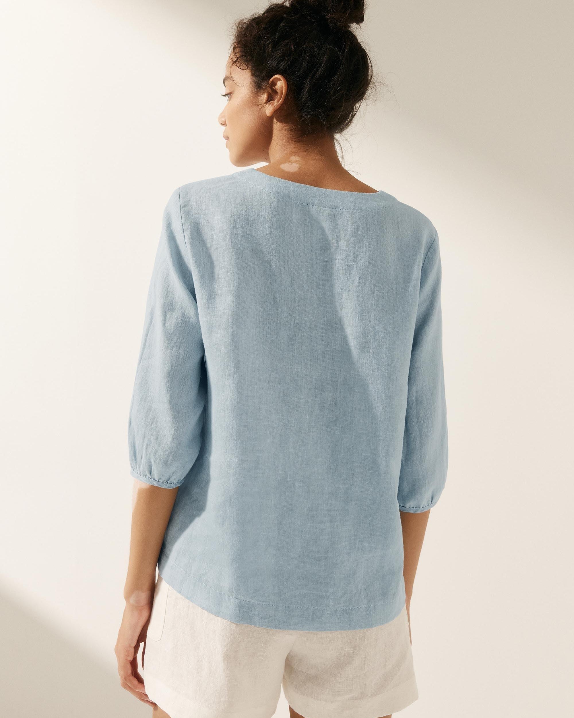100% Linen Puff Sleeves Top - TOPS-Linen Blouses
