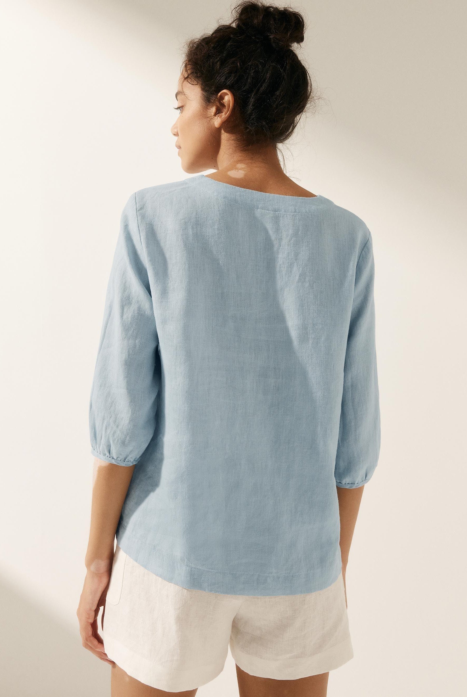 100% Linen Puff Sleeves Top - TOPS-Linen Blouses