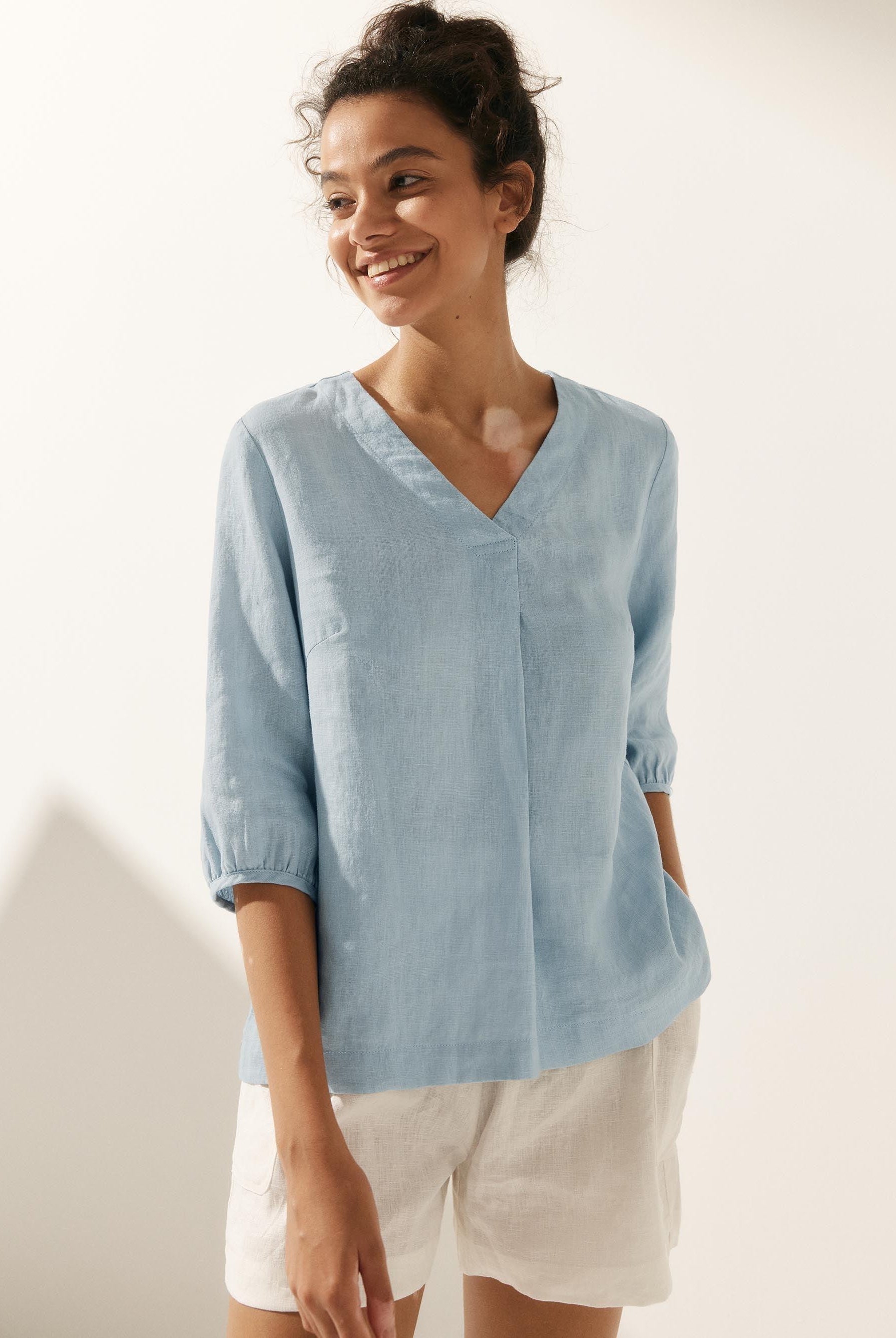 100% Linen Striped Puff Sleeves Top - Ice Blue / S - TOPS-Linen Blouses