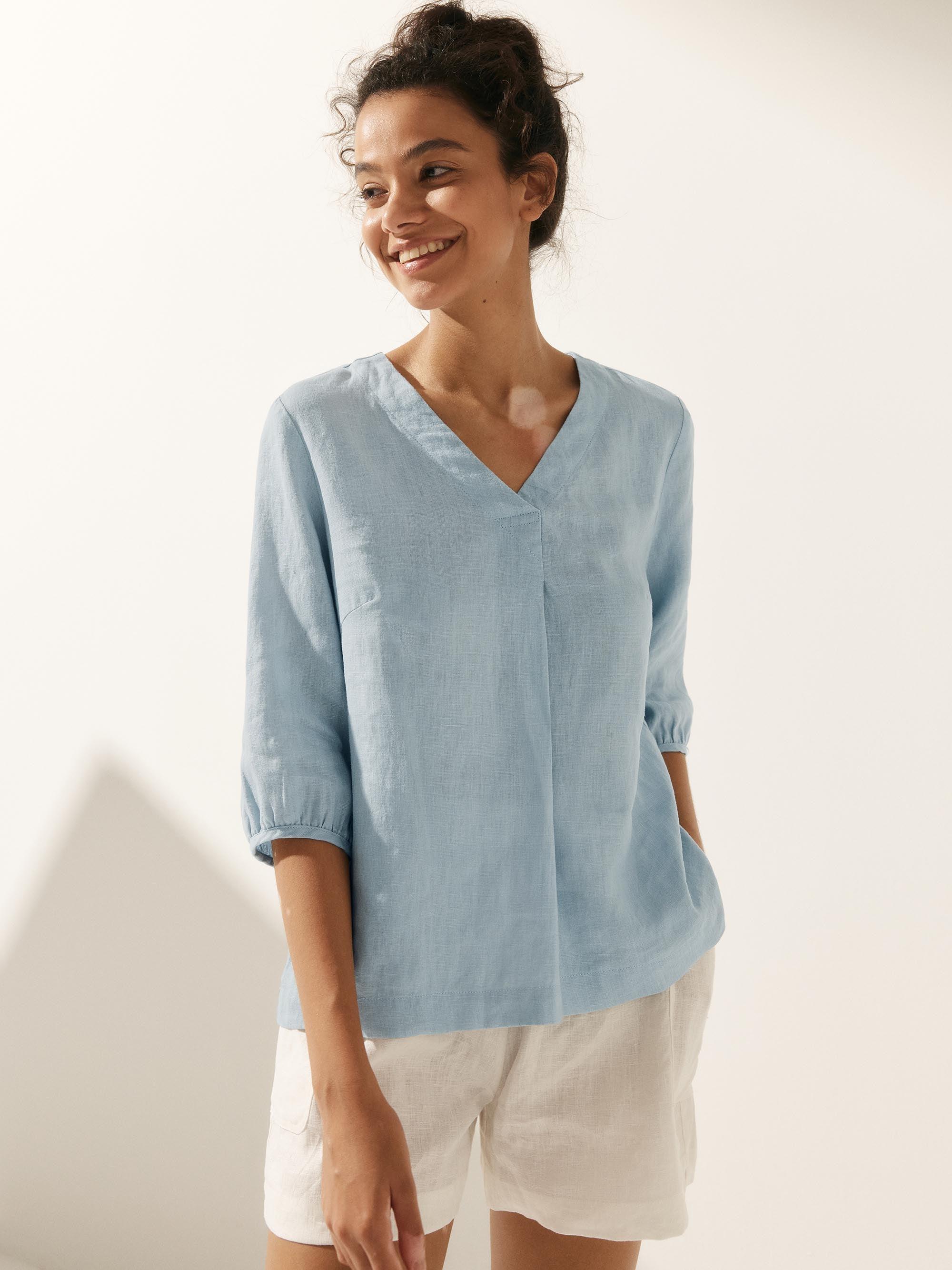 100% Linen Striped Puff Sleeves Top - Ice Blue / S - TOPS-Linen Blouses