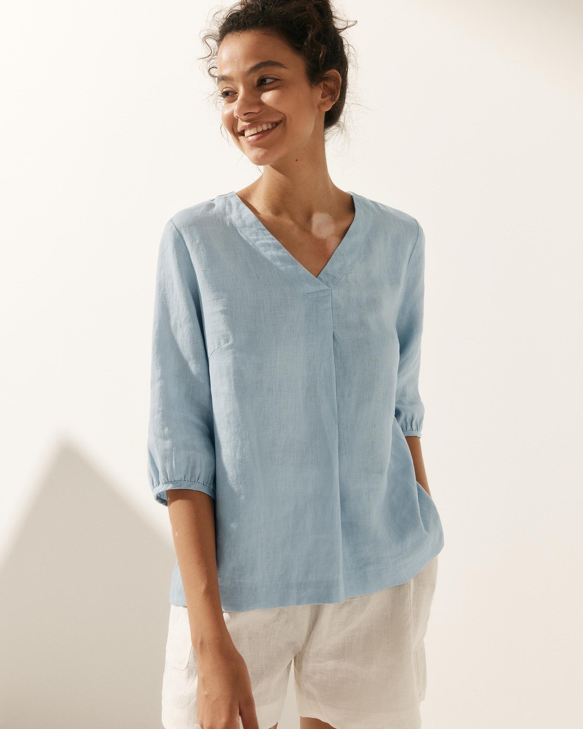 100% Linen Puff Sleeves Top - Ice Blue / S - TOPS-Linen Blouses
