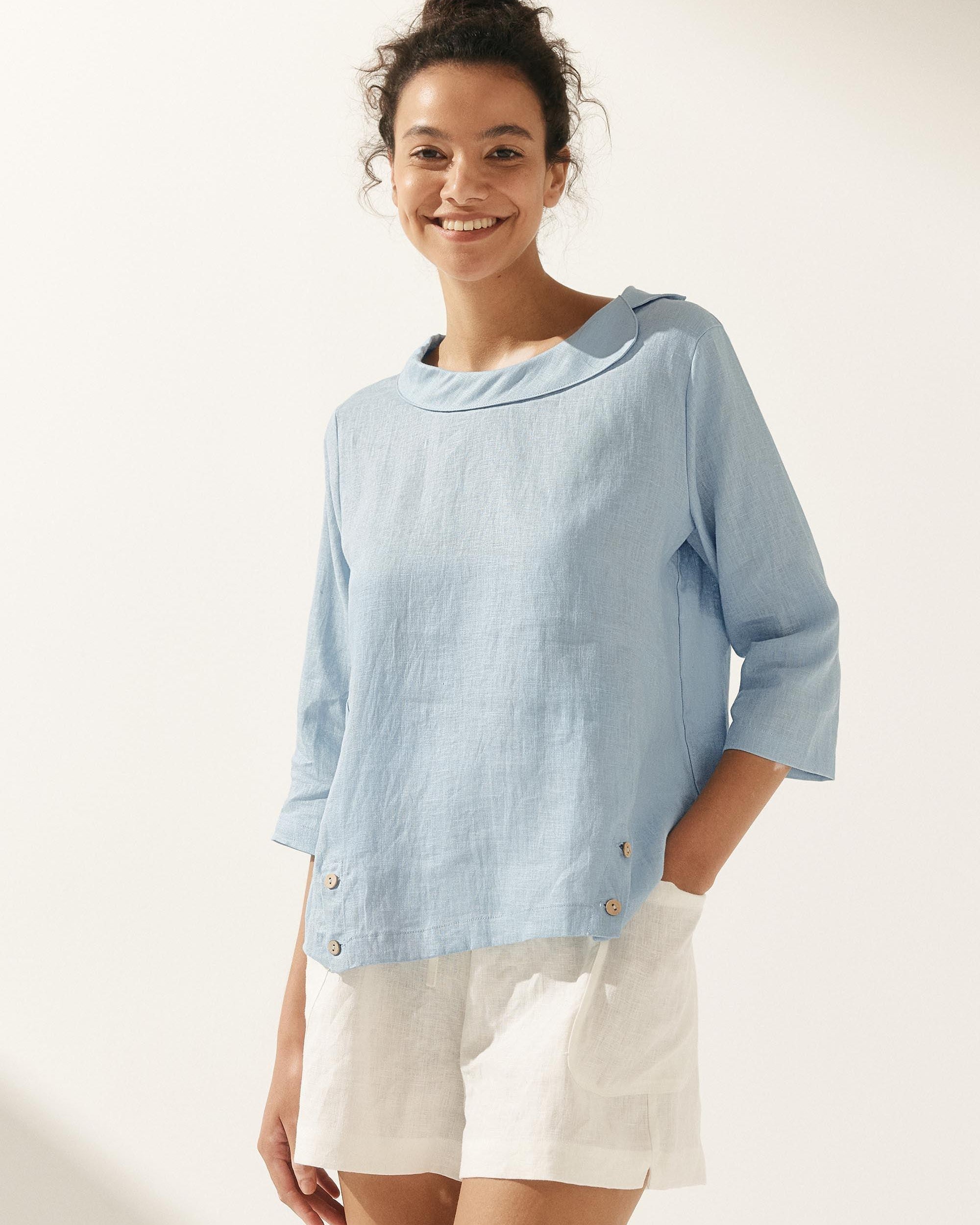 Linen Gingham Checked Round Soft-Fold Collar Top - TOPS-Linen Blouses