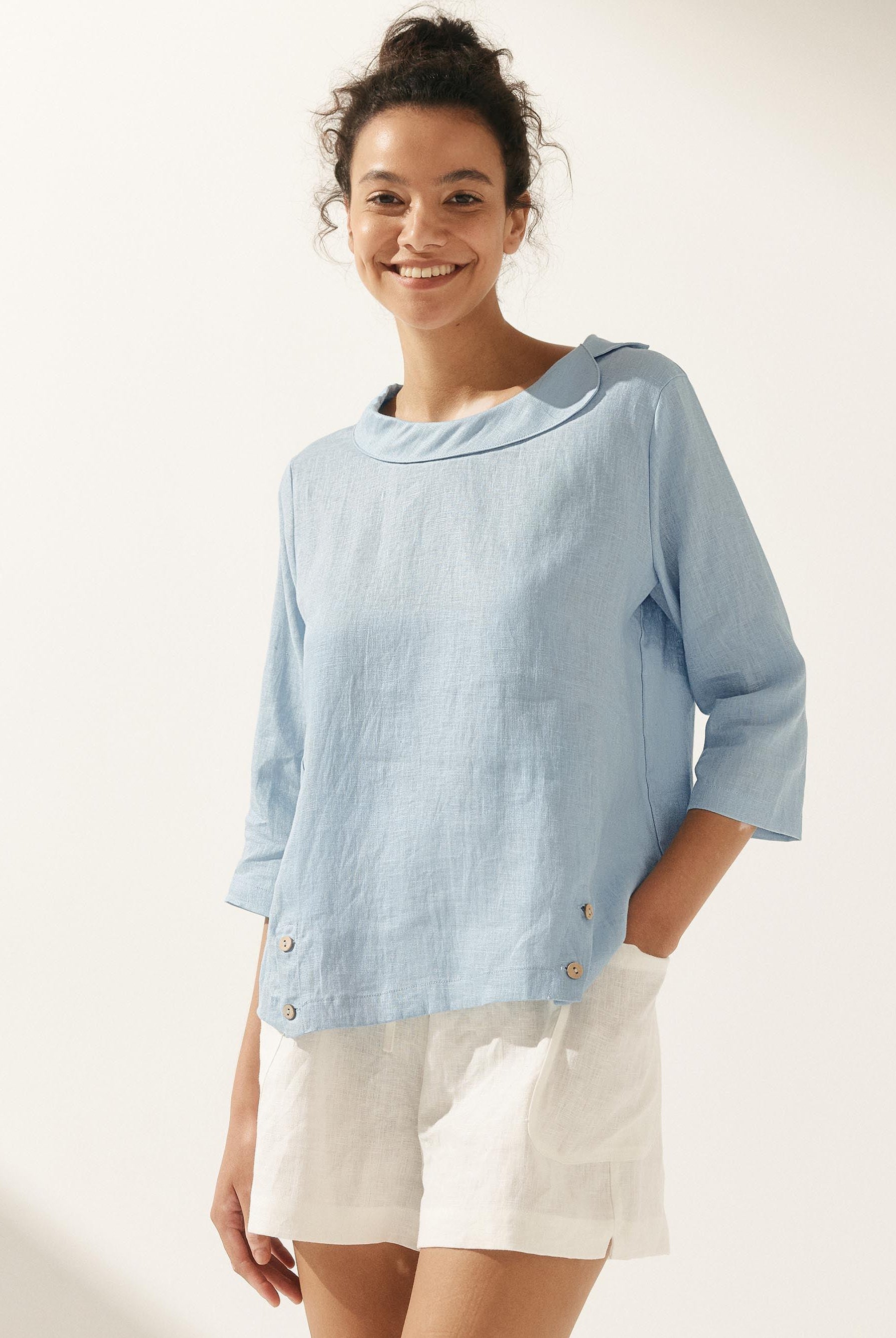 Linen Gingham Checked Round Soft-Fold Collar Top - TOPS-Linen Blouses