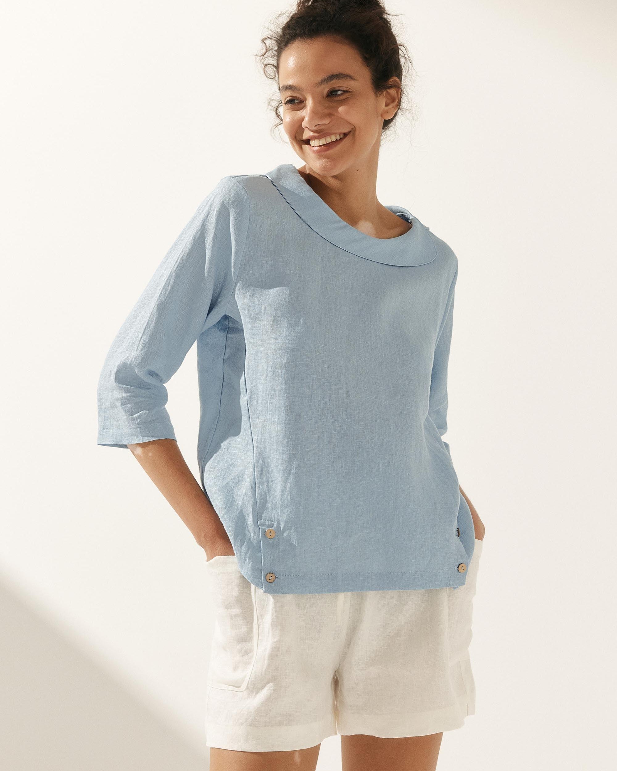 Linen Gingham Checked Round Soft-Fold Collar Top - Ice Blue / S - TOPS-Linen Blouses