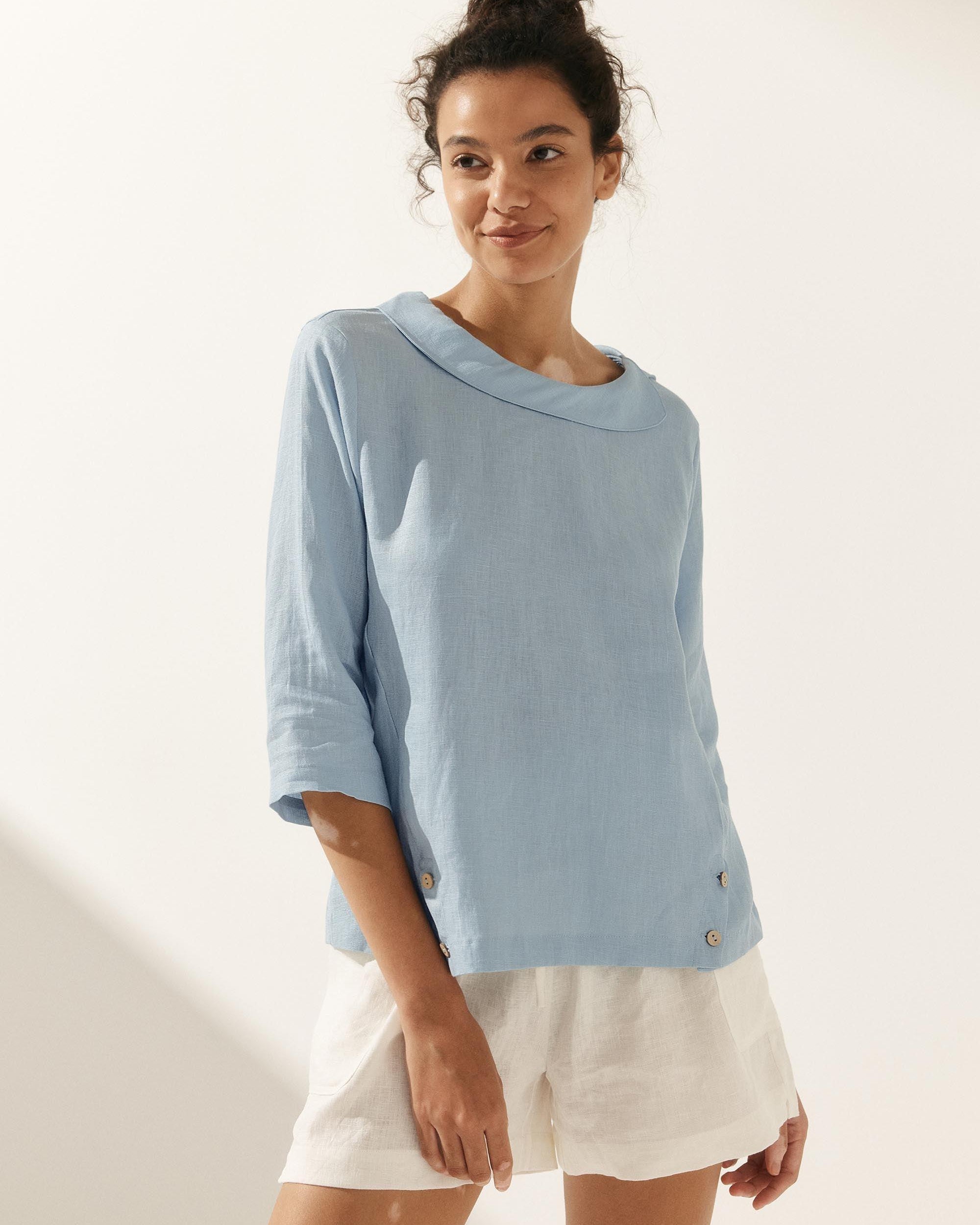 Linen Round Soft-Fold Collar Top ANAIS - TOPS-Linen Blouses
