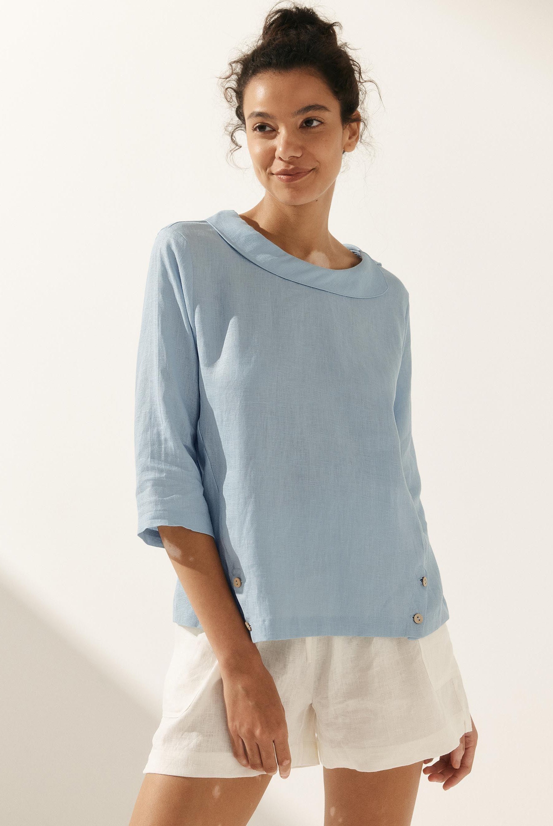 Linen Round Soft-Fold Collar Top ANAIS - TOPS-Linen Blouses