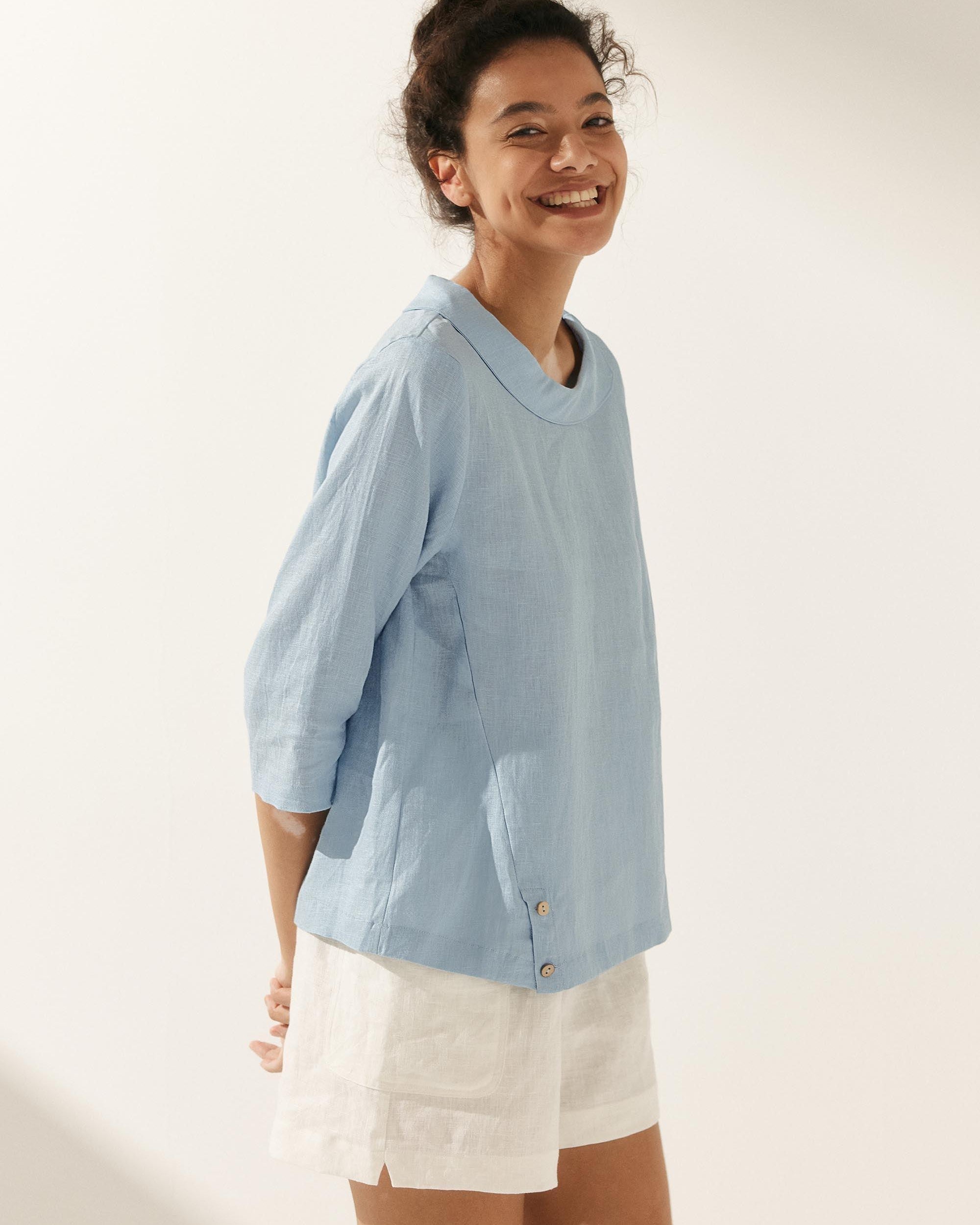 Linen Gingham Checked Round Soft-Fold Collar Top - TOPS-Linen Blouses