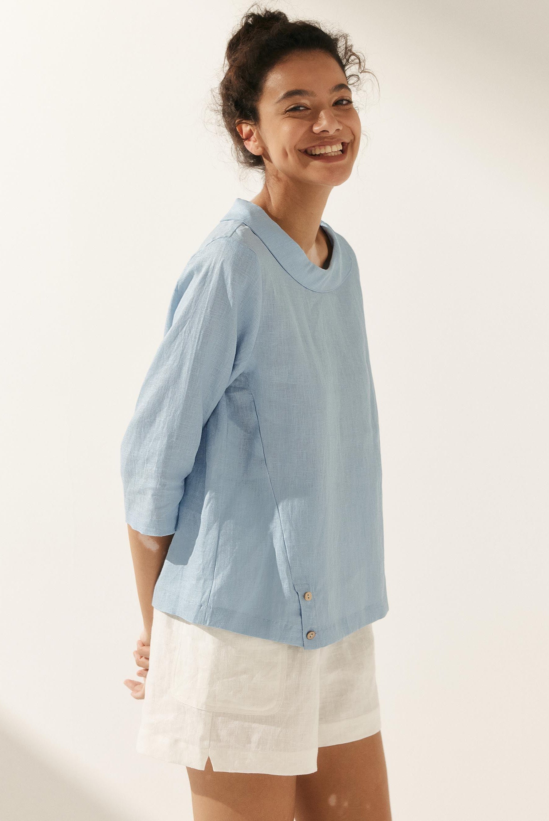 Linen Round Soft-Fold Collar Top ANAIS - TOPS-Linen Blouses